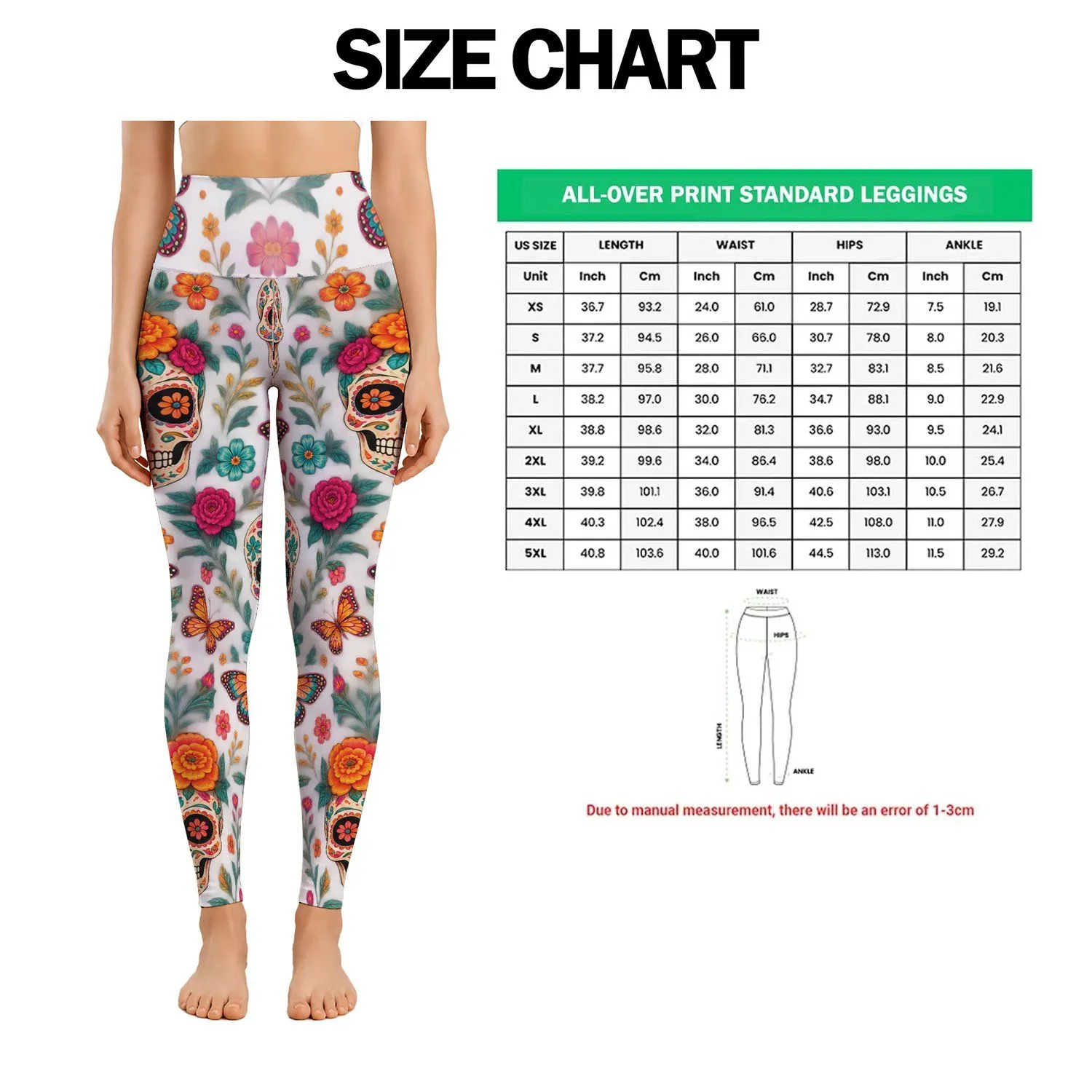 Sugar Skulls Butterflies and Bright Florals for Halloween Festivities and Fall Style Leggings - 1