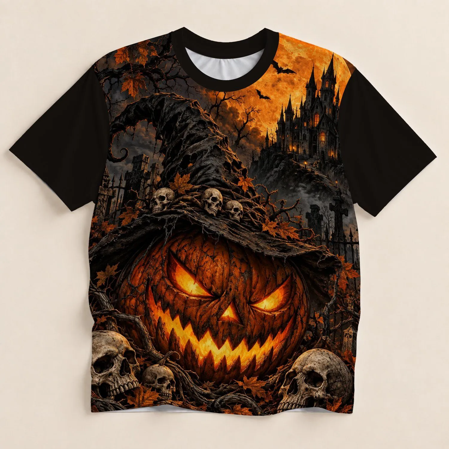 Jack-O'-Lantern Skulls, Witch Hat And Haunted Castle For Halloween Night Wear All-over Print Unisex T-shirt - 1
