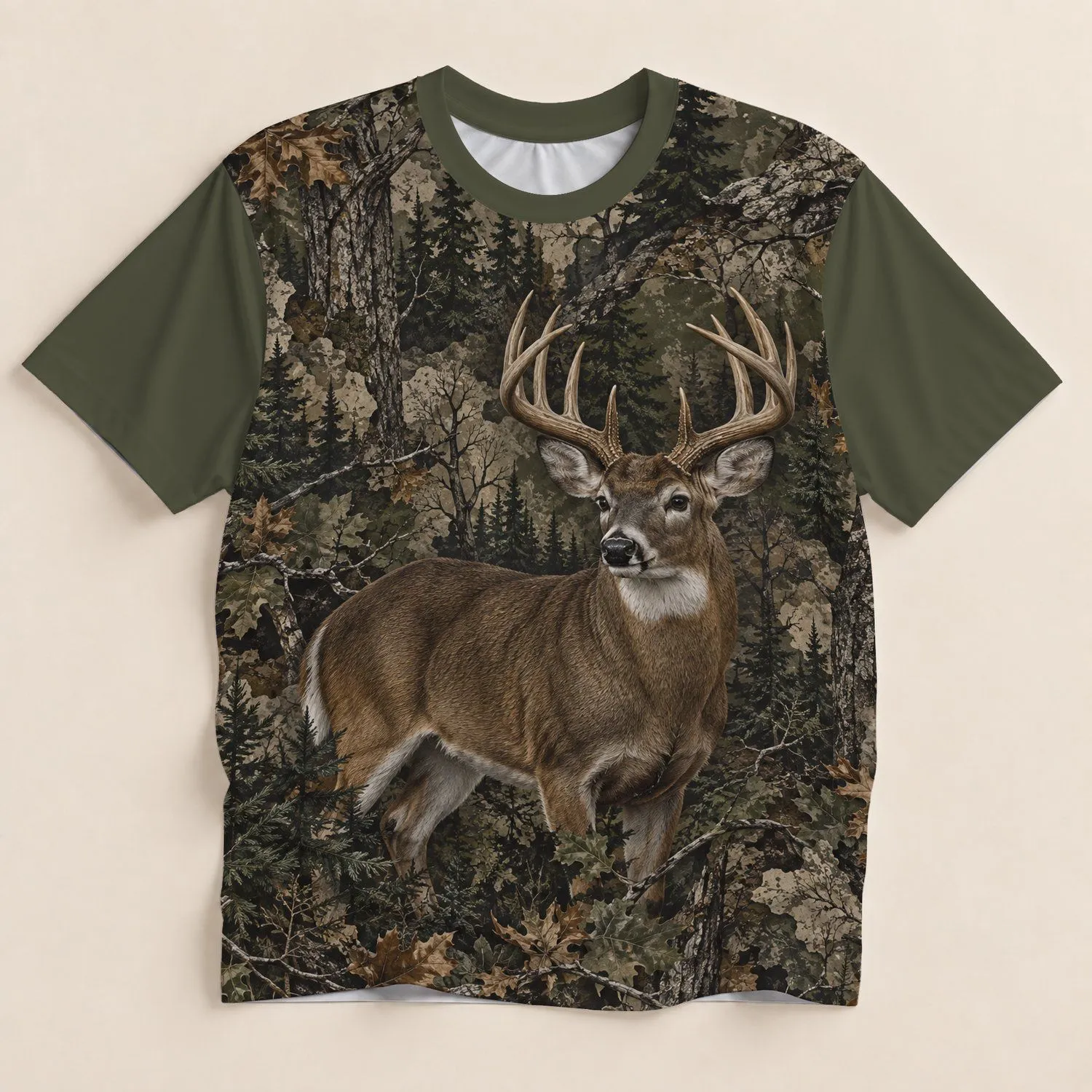 Realistic Buck in Woodland Camouflage for Hunting Hiking and Outdoor Adventures All-over Print Unisex T-shirt - 1