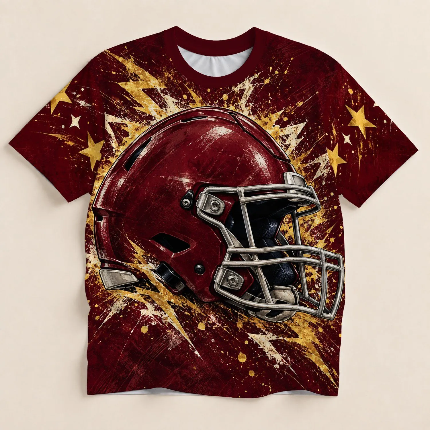 Burgundy Football Helmet and Gold Sparks for Game Day Streetwear Fans All-over Print Unisex T-shirt - 1