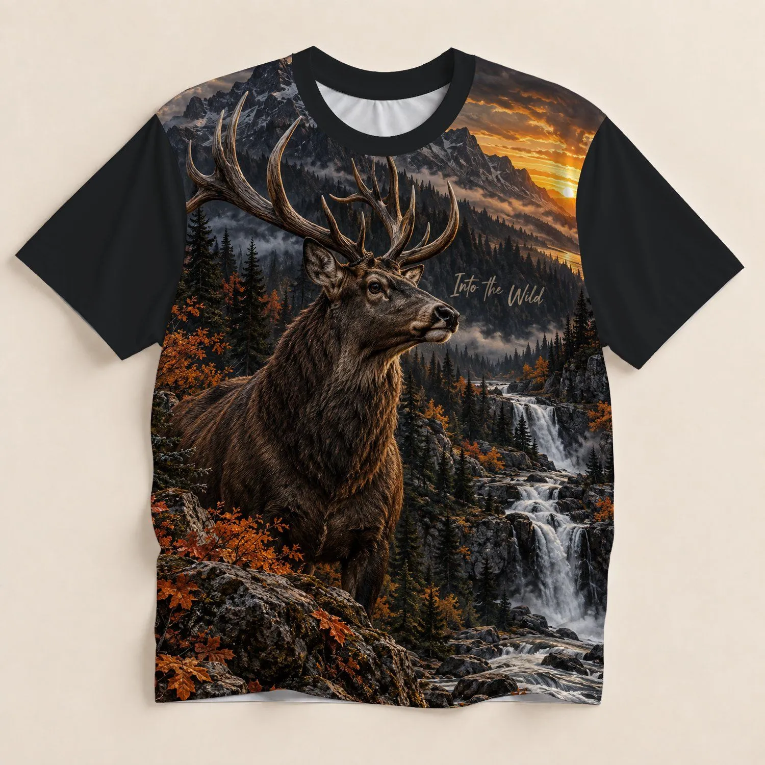 Autumn Deer Waterfall Wilderness for Hiking Camping and Scenic Outdoor Adventures All-over Print Unisex T-shirt - 1