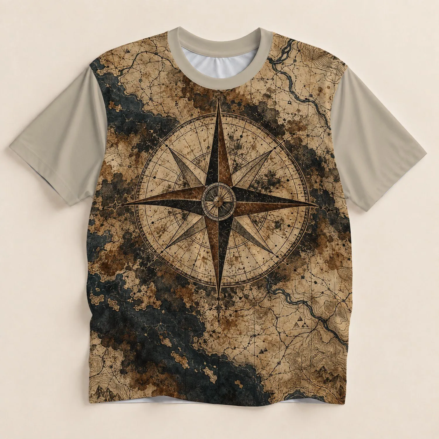 Vintage Compass Rose and Antique Map for Hiking, Travel and Outdoor Adventure Gifts All-over Print Unisex T-shirt - 1