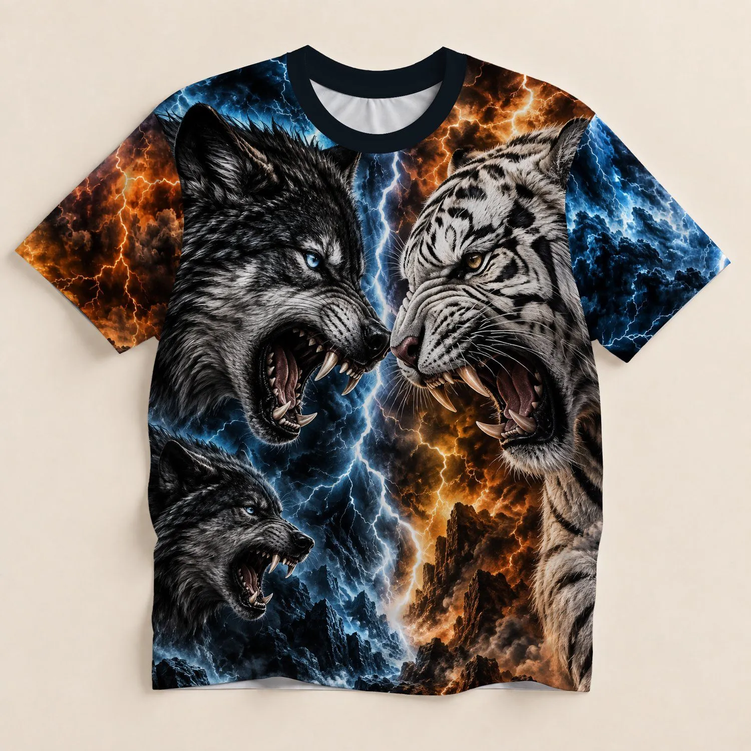 Wolf And White Tiger Storm Scene For Outdoor Adventure And Everyday Streetwear Style All-over Print Unisex T-shirt - 1
