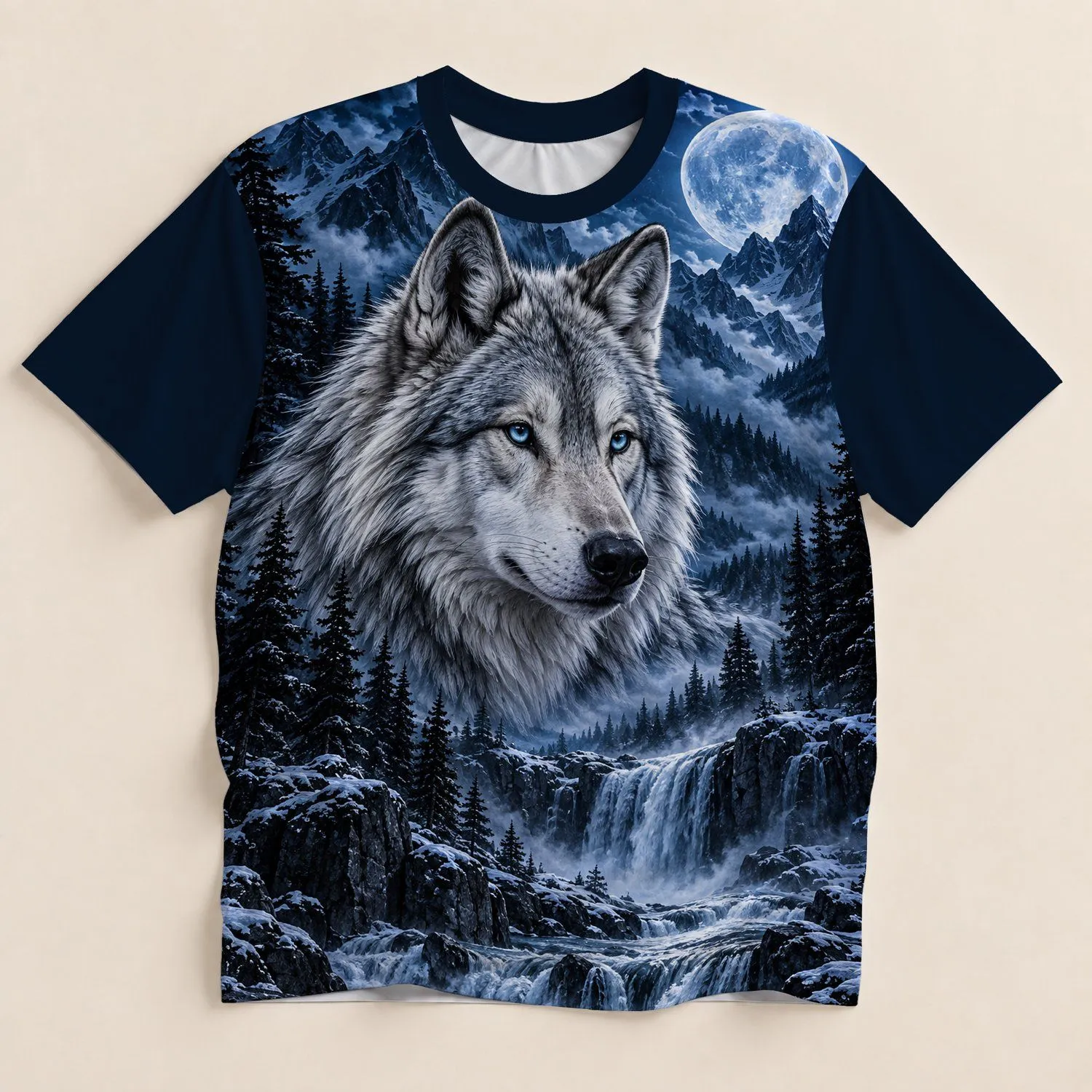 Blue Moon Wolf Mountain Waterfall Wilderness for Hiking and Outdoor Adventures All-over Print Unisex T-shirt - 1
