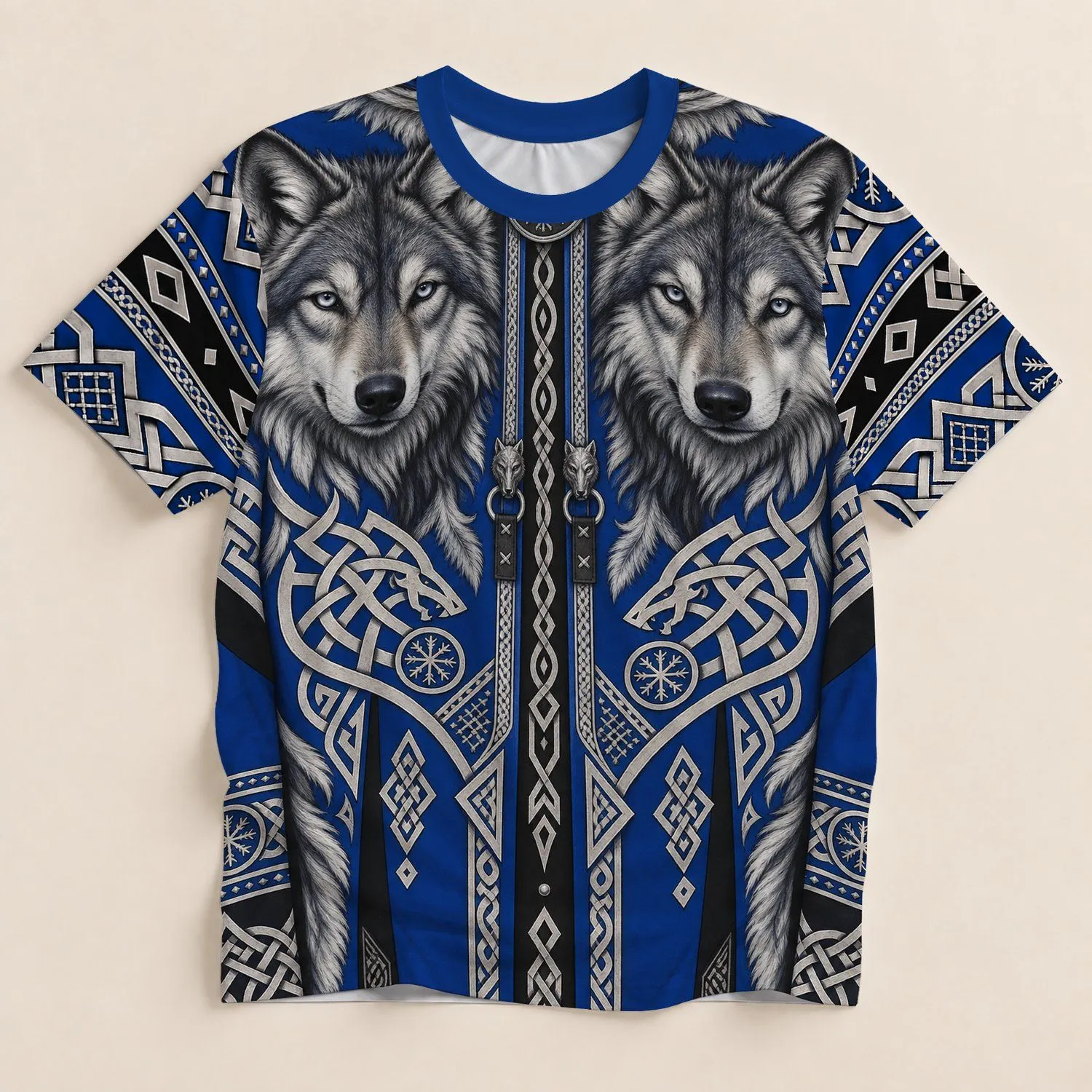 Twin Wolf Crest and Nordic Knotwork for Winter Trails and Rugged Northern Style All-over Print Unisex T-shirt - 1