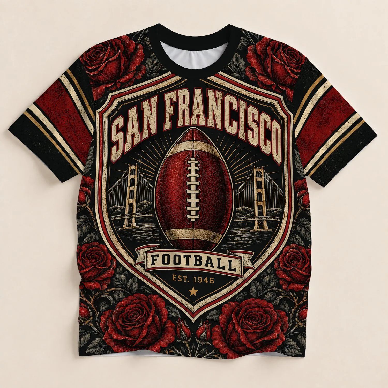 San Francisco Football Roses and Bridge Crest for Game Day City Sports Fans All-over Print Unisex T-shirt - 1