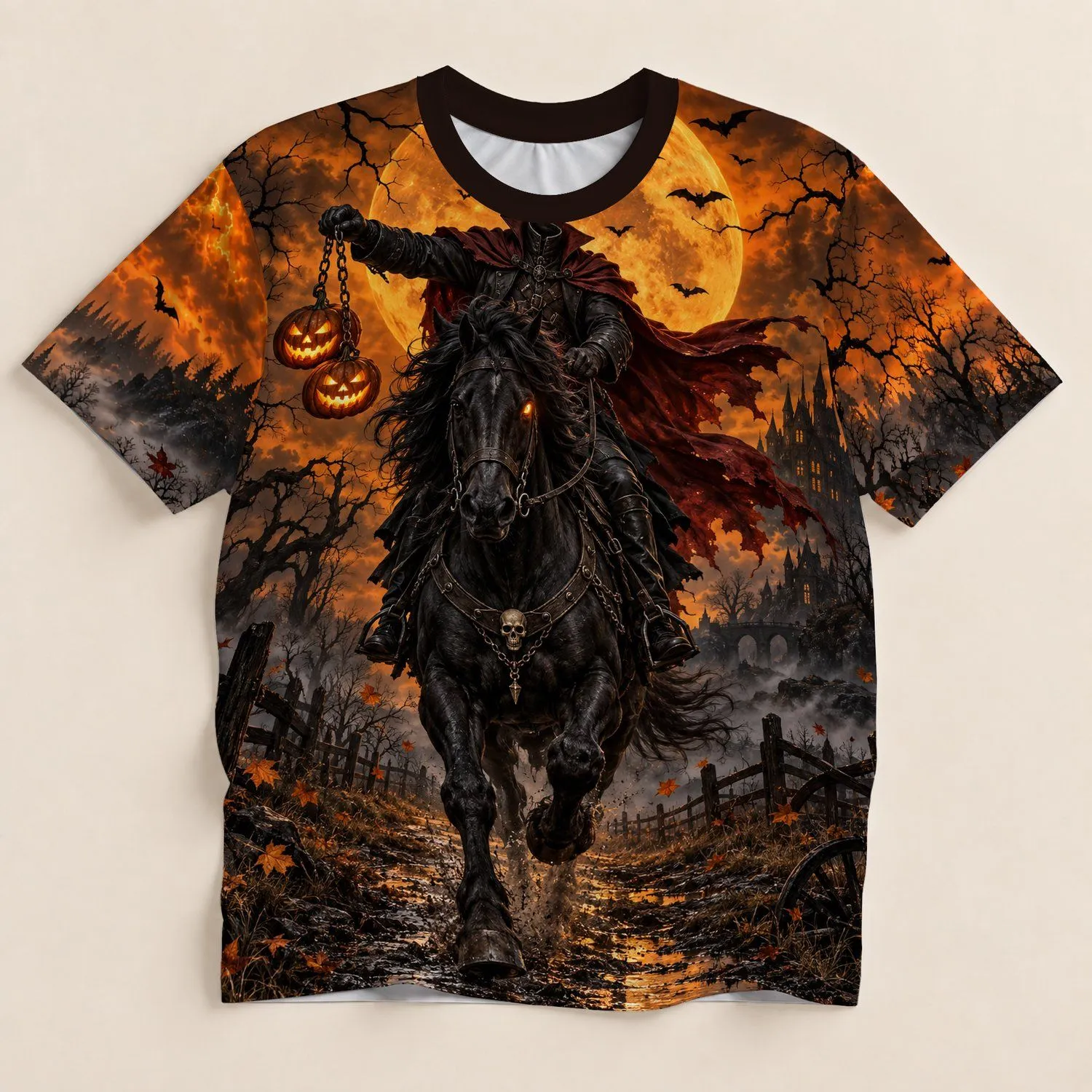 Pumpkin-Carrying Headless Rider and Black Horse for Halloween Night Celebrations All-over Print Unisex T-shirt - 1