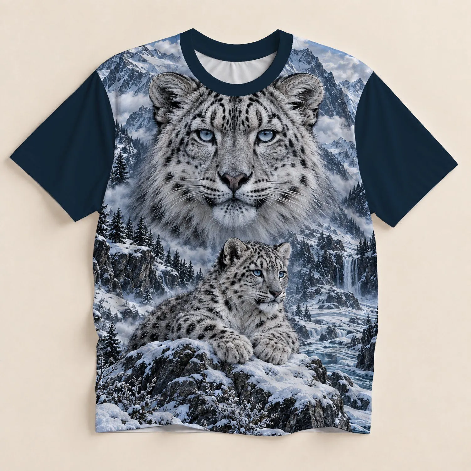 Snow Leopard And Cub In Alpine Winter Scenery For Outdoor Adventure And Nature Lovers All-over Print Unisex T-shirt - 1