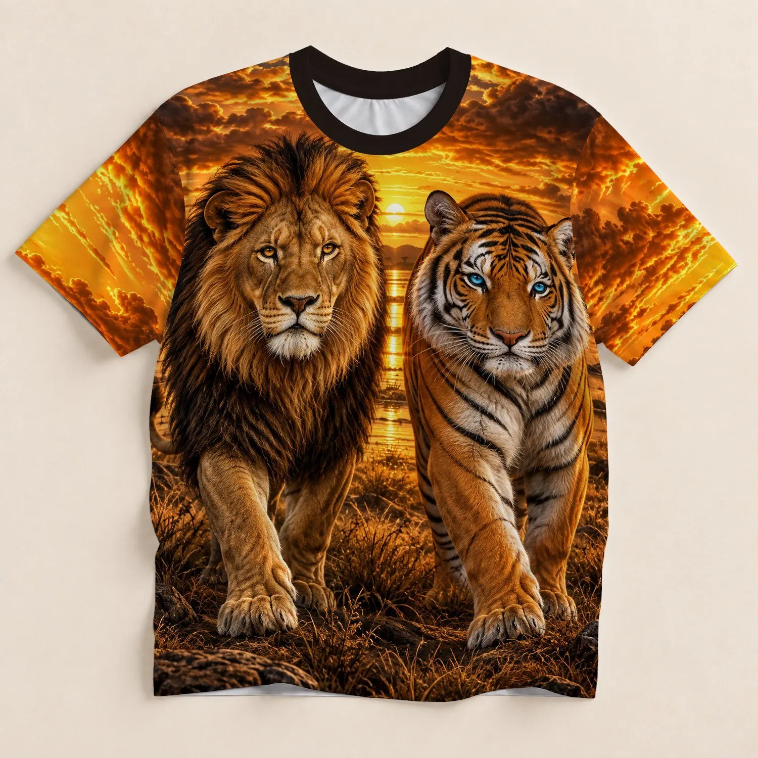 Lion and Tiger at Golden Dusk for Wildlife Lovers and Relaxed Everyday Adventures All-over Print Unisex T-shirt - 1