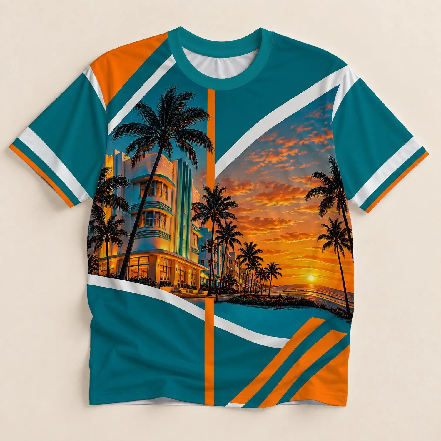 Teal Orange Palm Cityscape for Game Day and Tropical Sports Fans All-over Print Unisex T-shirt - 1