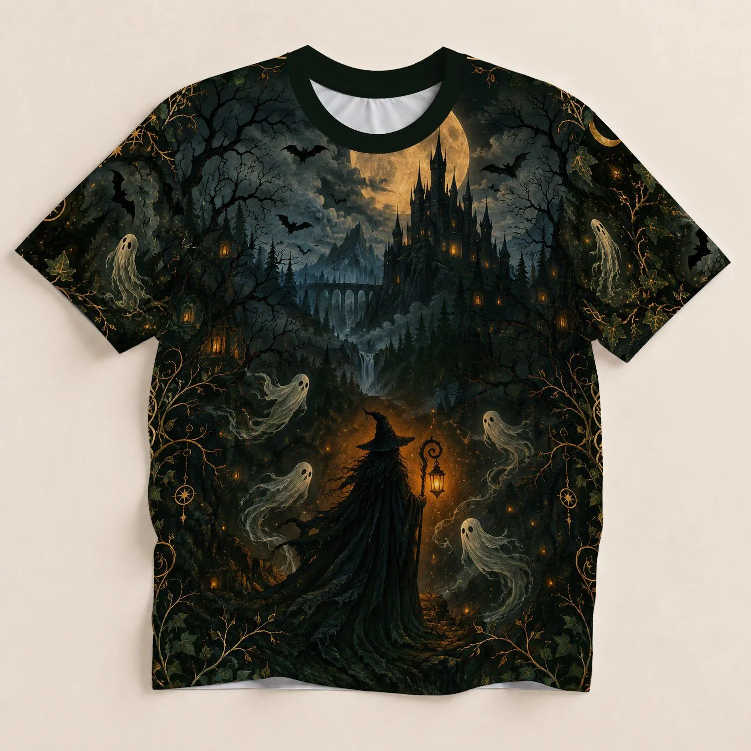 Gothic Witch and Haunted Castle Scene for Halloween Parties and Costume Nights All-over Print Unisex T-shirt - 1
