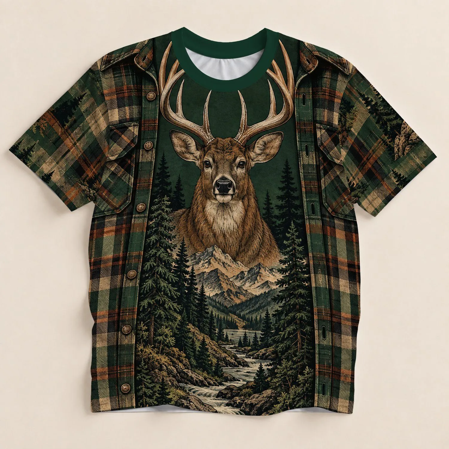 Deer Forest Plaid Hunting Scene for Camping Hiking and Rustic Outdoor Adventures All-over Print Unisex T-shirt - 1