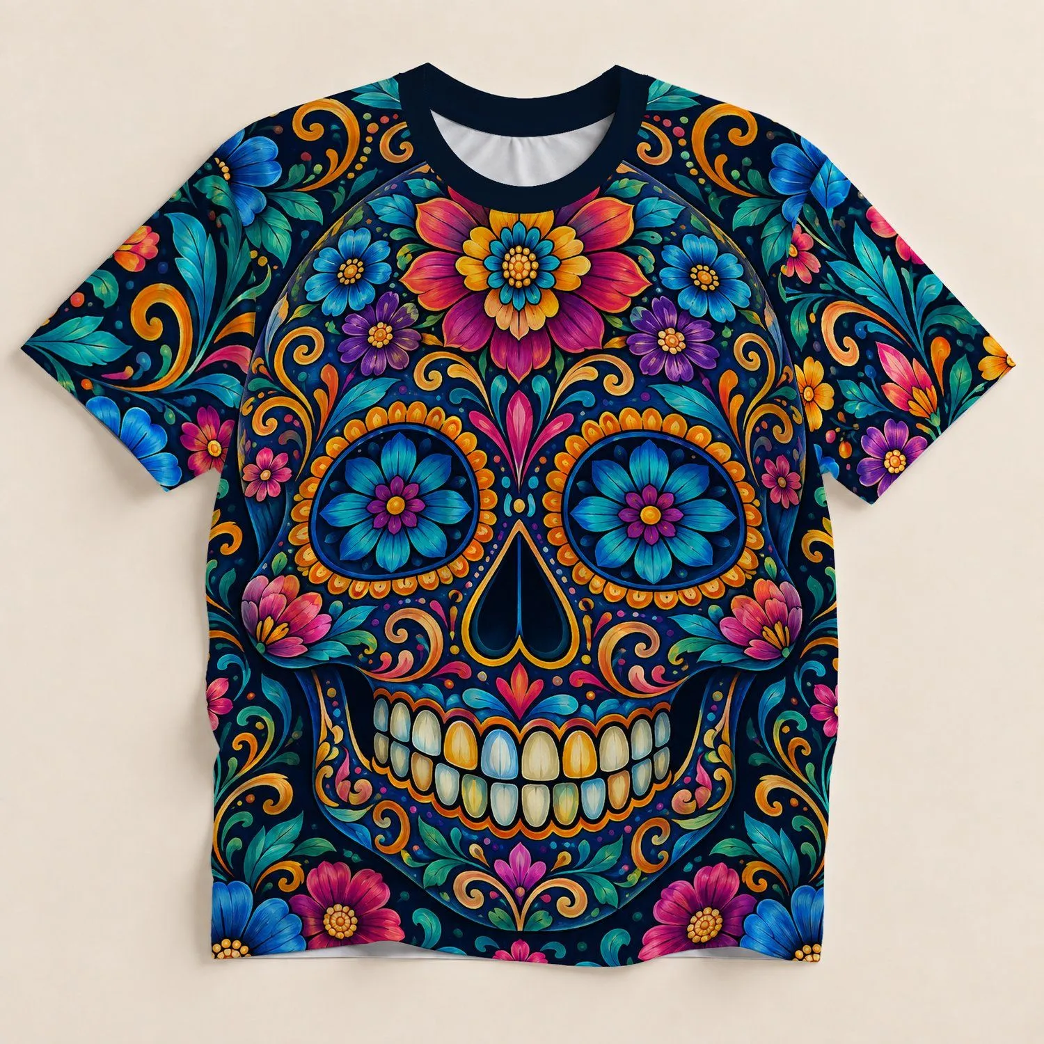 Colorful Sugar Skull and Floral Ornaments for Day of the Dead Festivities and Parties All-over Print Unisex T-shirt - 1