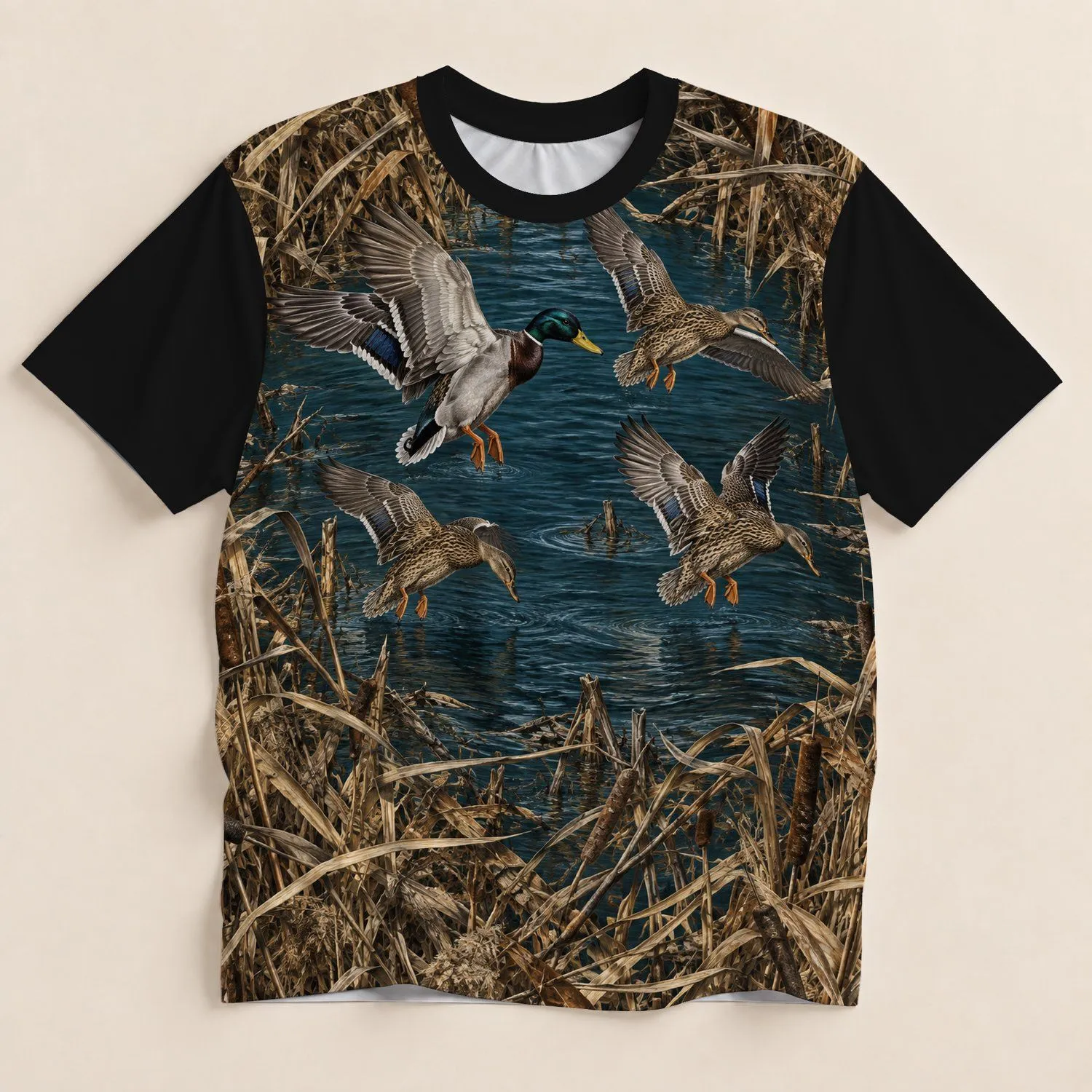 Mallard Ducks and Marsh Reeds for Waterfowl Hunting and Outdoor Adventure All-over Print Unisex T-shirt - 1