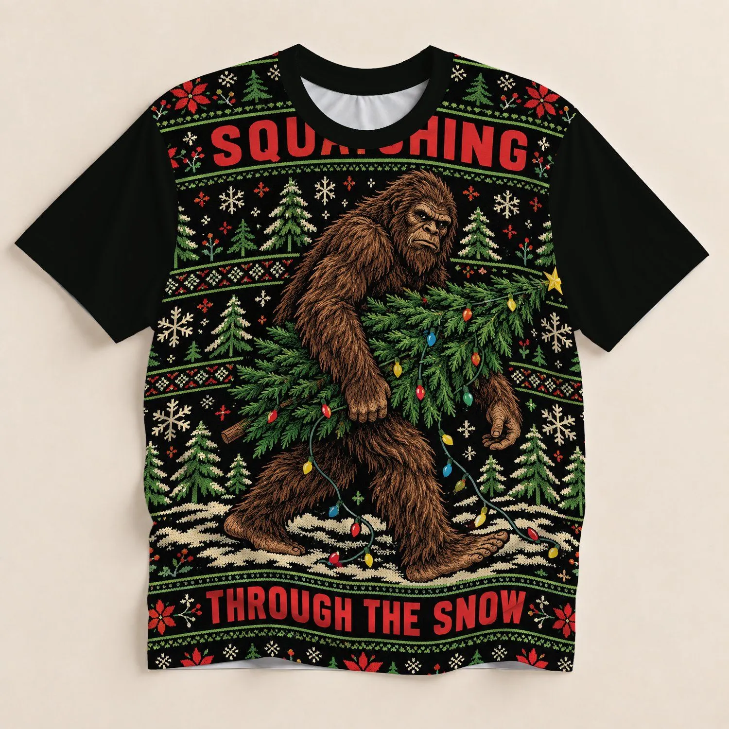 Shaggy Bigfoot Holiday Scene For Festive Winter Parties And Cozy Seasonal Days All-over Print Unisex T-shirt - 1