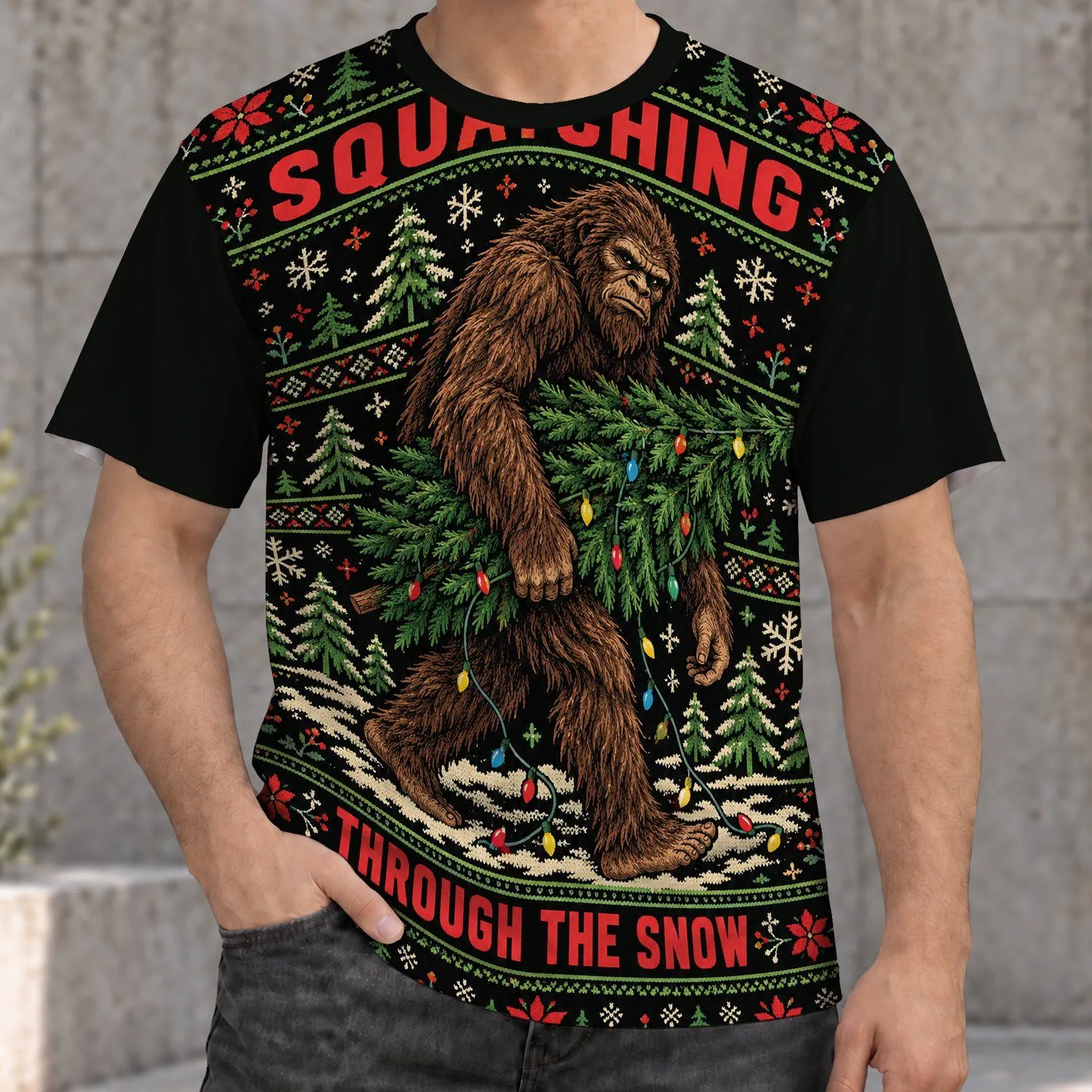 Shaggy Bigfoot Holiday Scene For Festive Winter Parties And Cozy Seasonal Days All-over Print Unisex T-shirt - 1