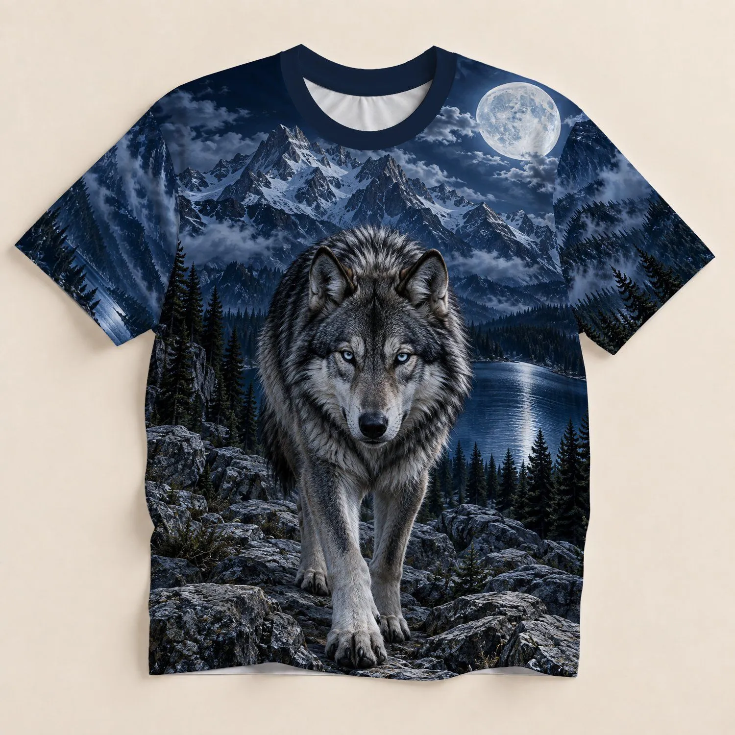Moonlit Wolf and Alpine Lake Wilderness for Camping, Hiking and Outdoor Nature Lovers All-over Print Unisex T-shirt - 1