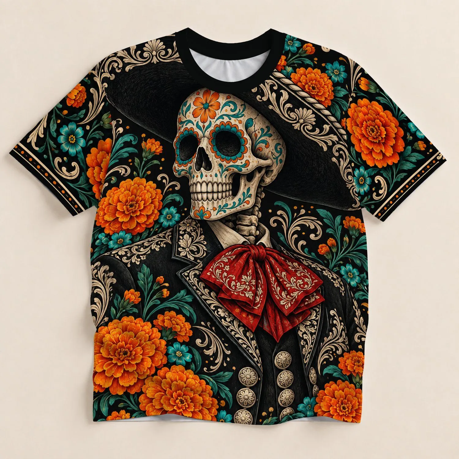 Day of the Dead Skeleton Musician with Floral Sombrero for Fiesta and Holiday Celebrations All-over Print Unisex T-shirt - 1