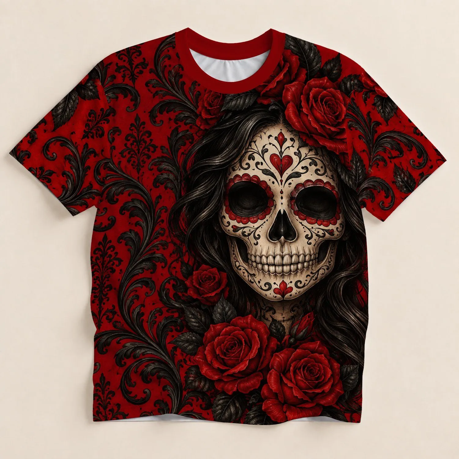 Crimson Sugar Skull and Roses for Day of the Dead Halloween Celebrations All-over Print Unisex T-shirt - 1