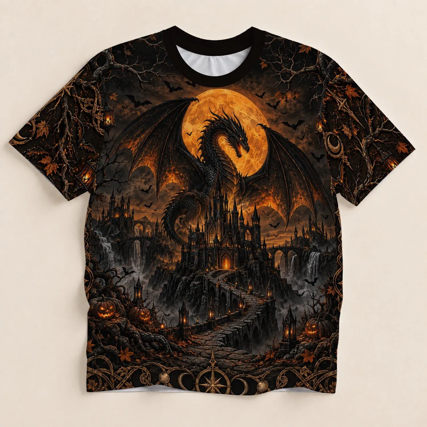 Gothic Dragon and Moonlit Castle Halloween Fantasy for Spooky Night Celebrations Adults All-over Print Unisex T-shirt - 1