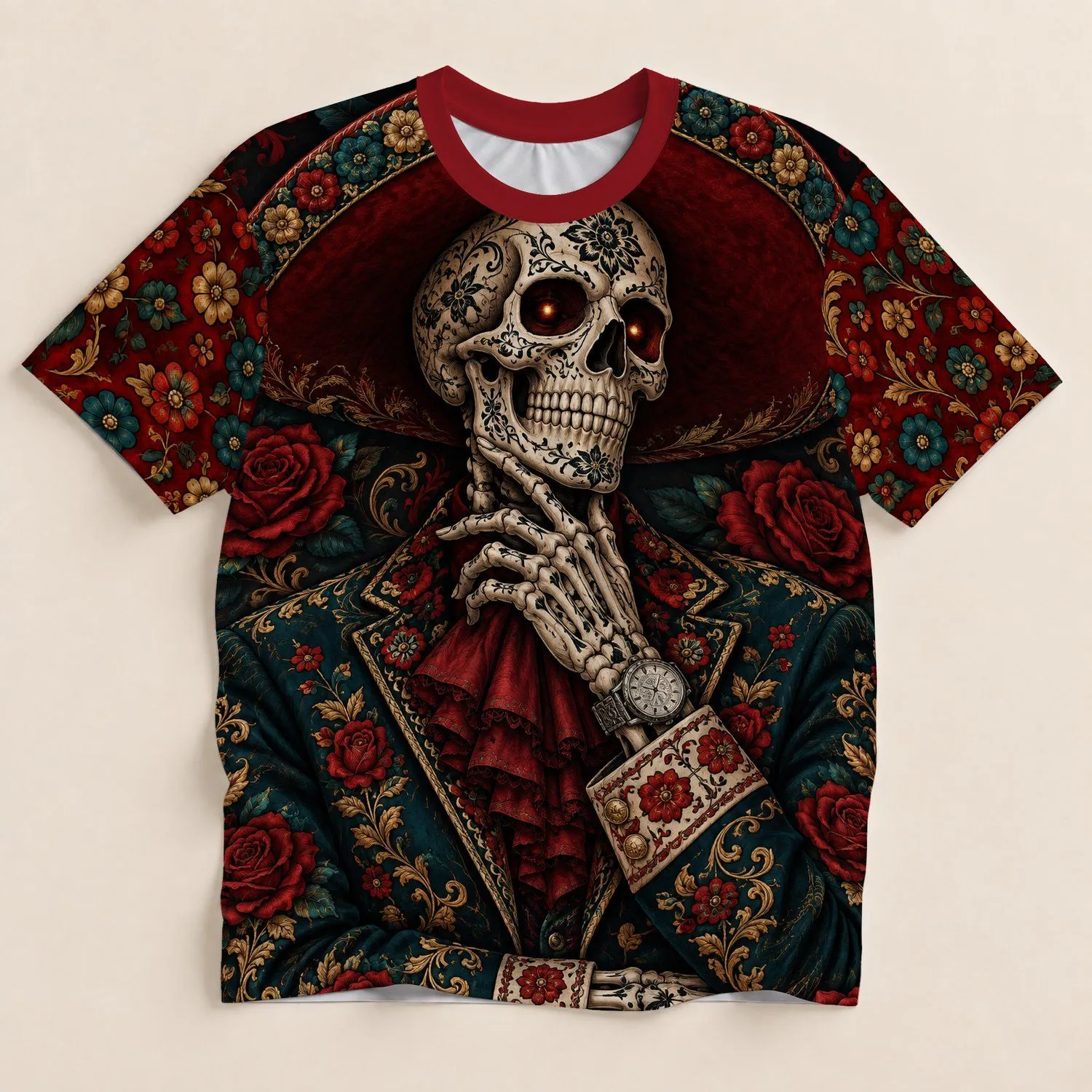 Engraved Skeleton Mariachi with Crimson Roses for Día de Muertos Celebrations All-over Print Unisex T-shirt - 1