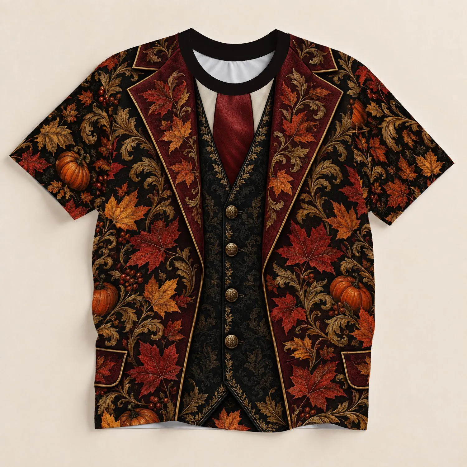 Autumn Pumpkin Maple Leaf Faux Blazer Look for Thanksgiving Gatherings and Fall Events All-over Print Unisex T-shirt - 1