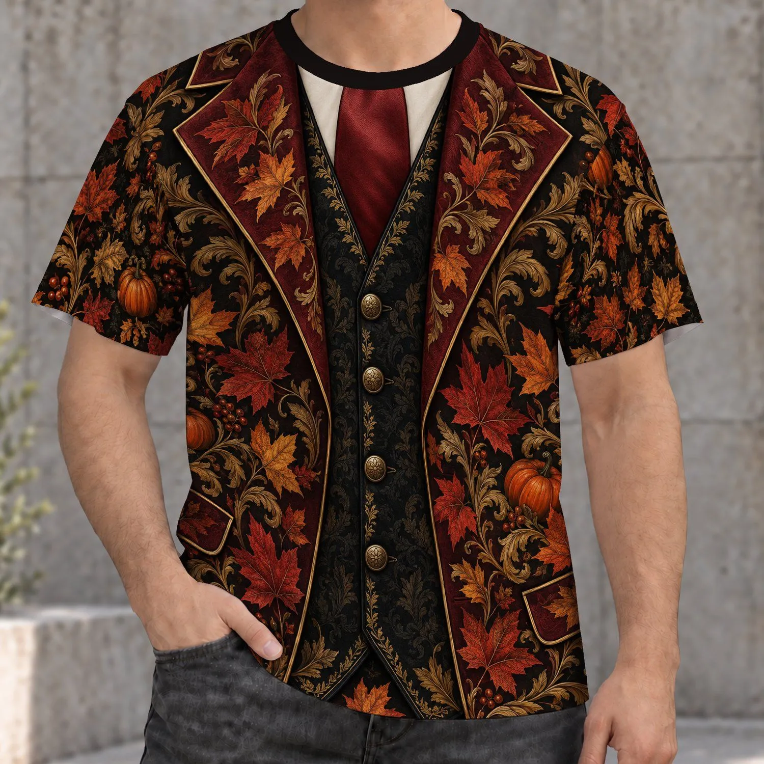 Autumn Pumpkin Maple Leaf Faux Blazer Look for Thanksgiving Gatherings and Fall Events All-over Print Unisex T-shirt - 1