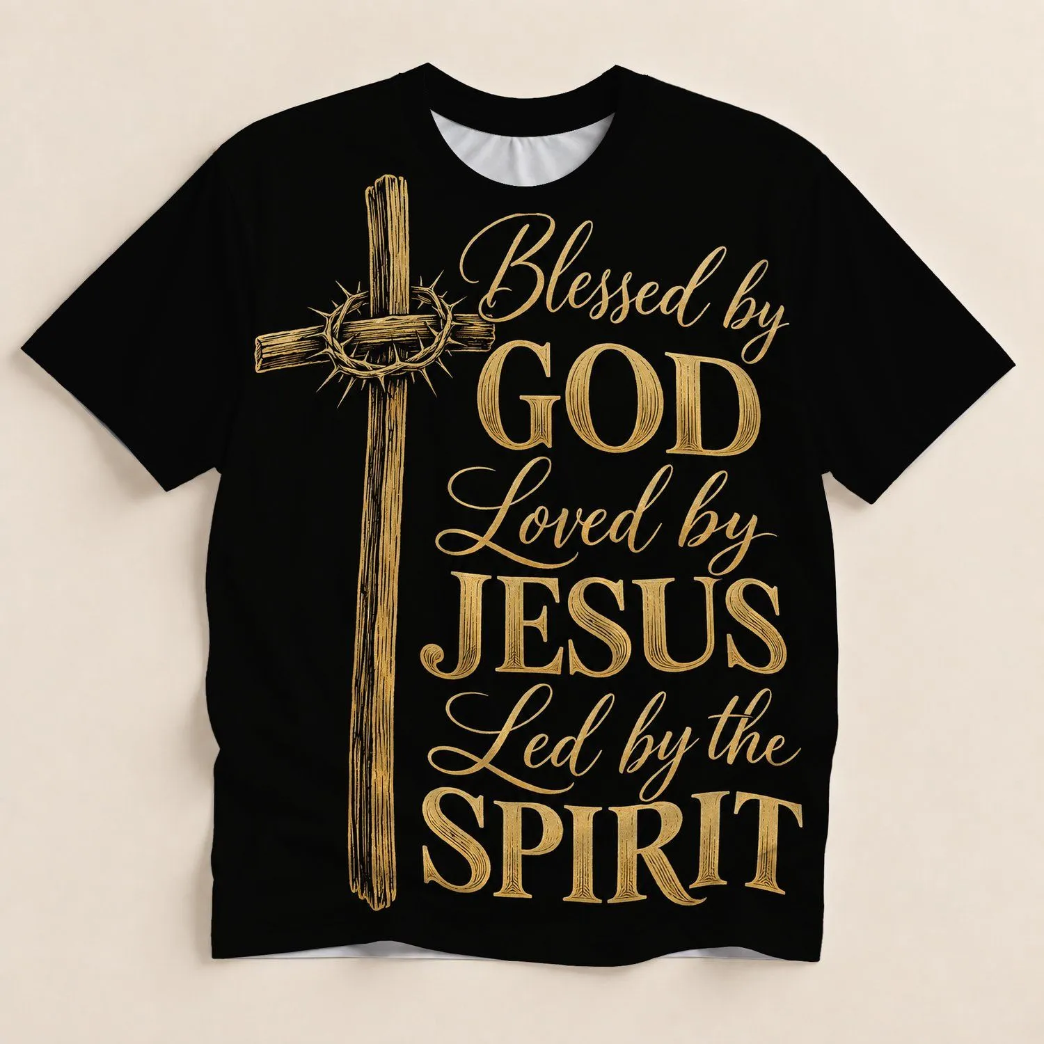 Golden Cross and Crown of Thorns Faith Message for Church Worship and Daily Devotion All-over Print Unisex T-shirt - 1
