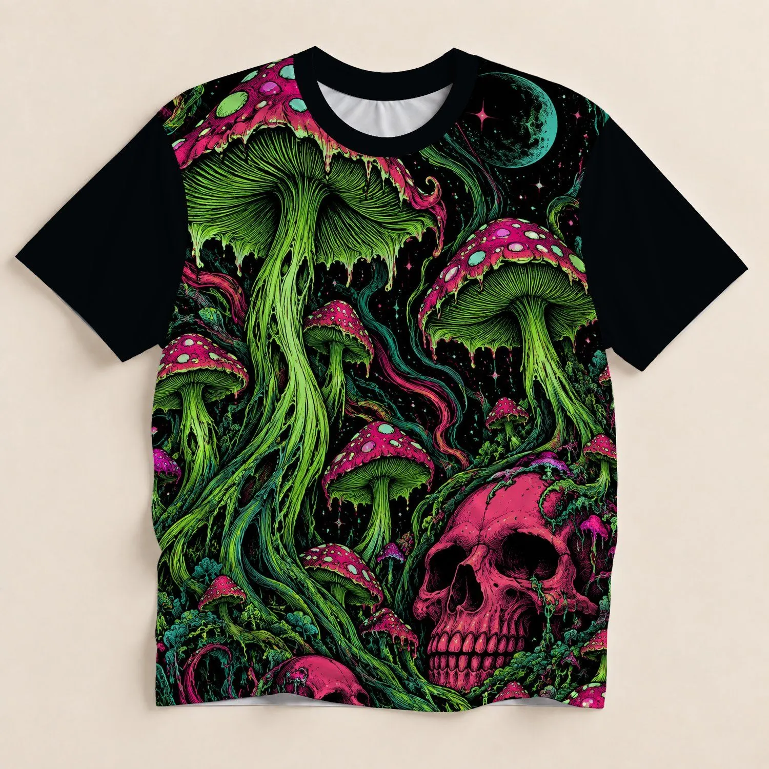Neon Mushroom Skulls for Alternative Nightlife and Halloween Style Fans All-over Print Unisex T-shirt - 1