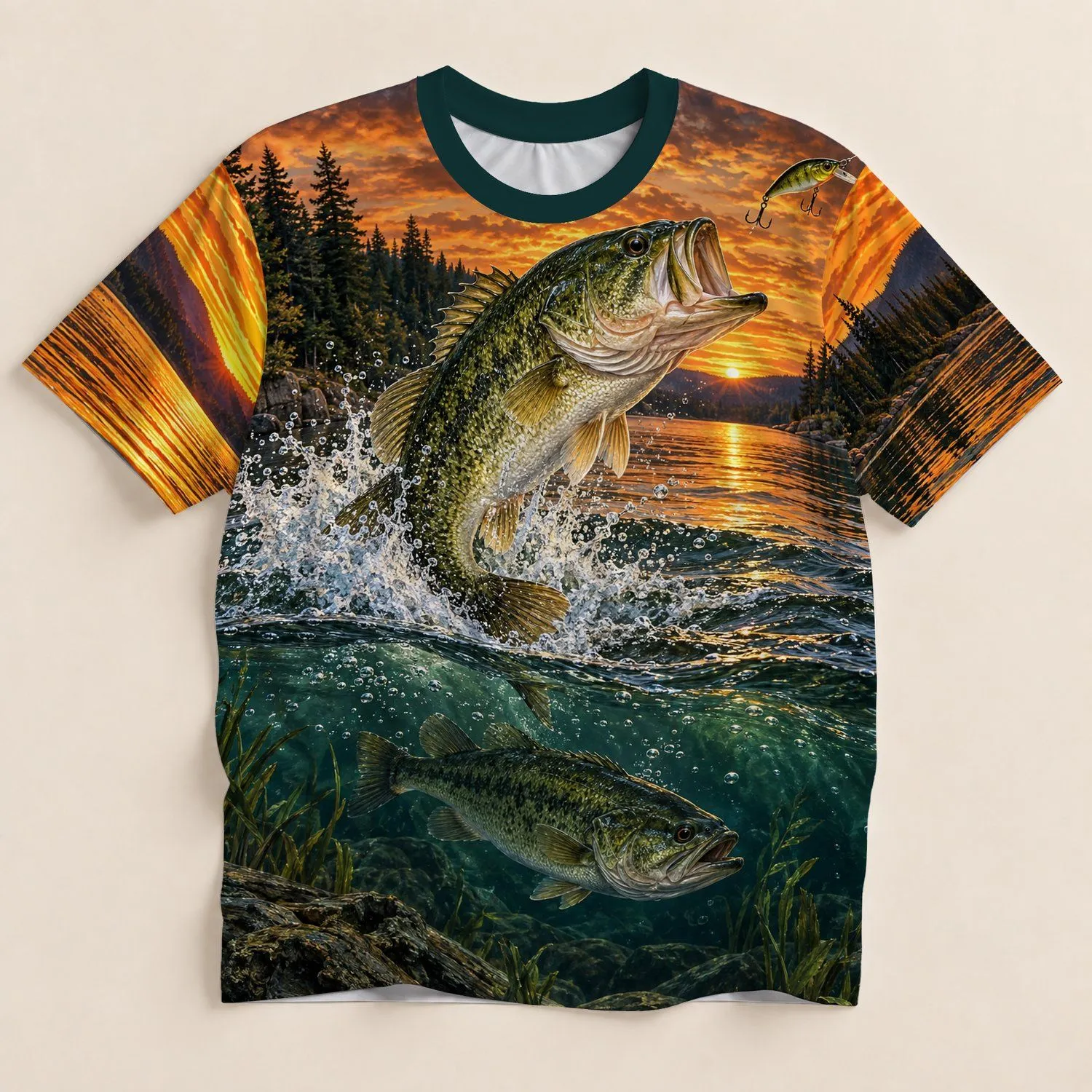 Leaping Bass at Sunset for Lakeside Fishing and Outdoor Adventure Trips All-over Print Unisex T-shirt - 1