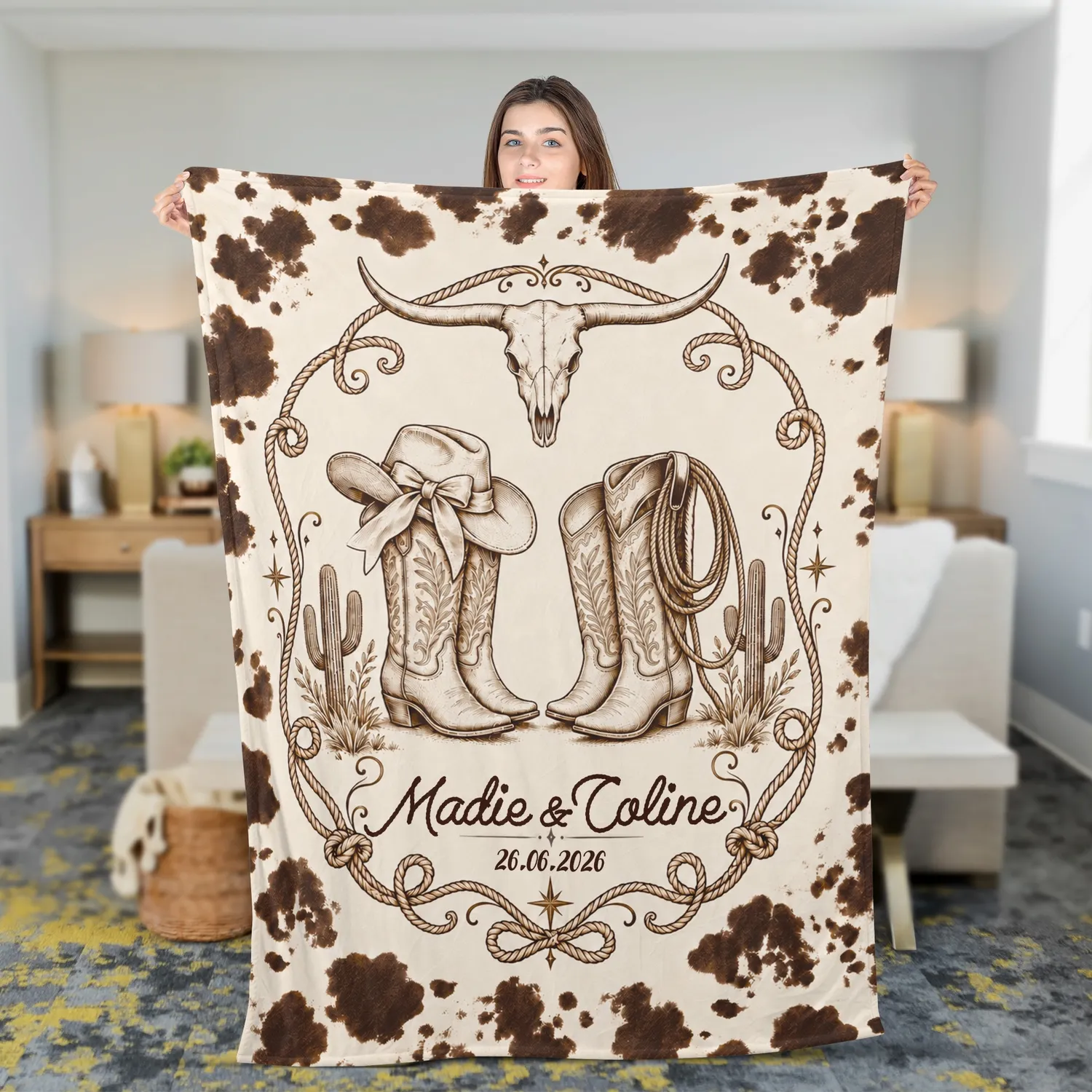 Personalized Western Couple Blanket – Custom Names & Date, Longhorn Cowboy Boots Anniversary Wedding Gift - 1