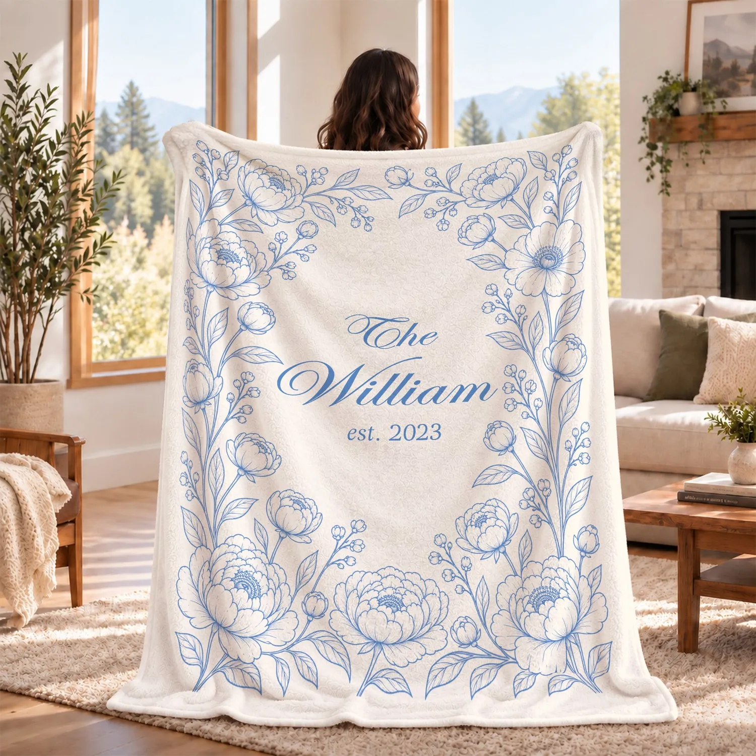 Personalized Family Name Blanket – Custom Last Name & Established Year, Floral Peony Keepsake Wedding Gift - 1