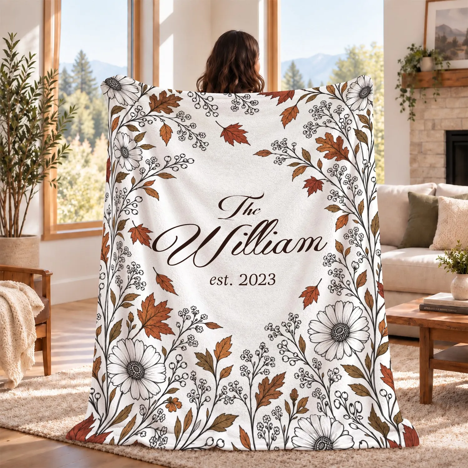 Personalized Family Name Blanket – Custom Last Name & Established Year, Autumn Daisy Floral Keepsake Wedding Gift - 1