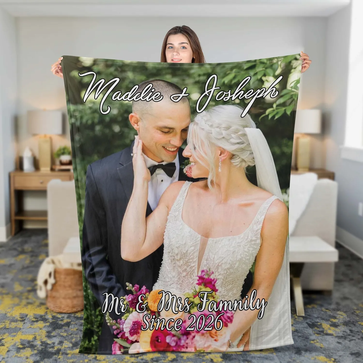 Personalized Wedding Photo Blanket – Custom Couple Photo, Names & Mr & Mrs Family Name, Watercolor Anniversary Gift - 1