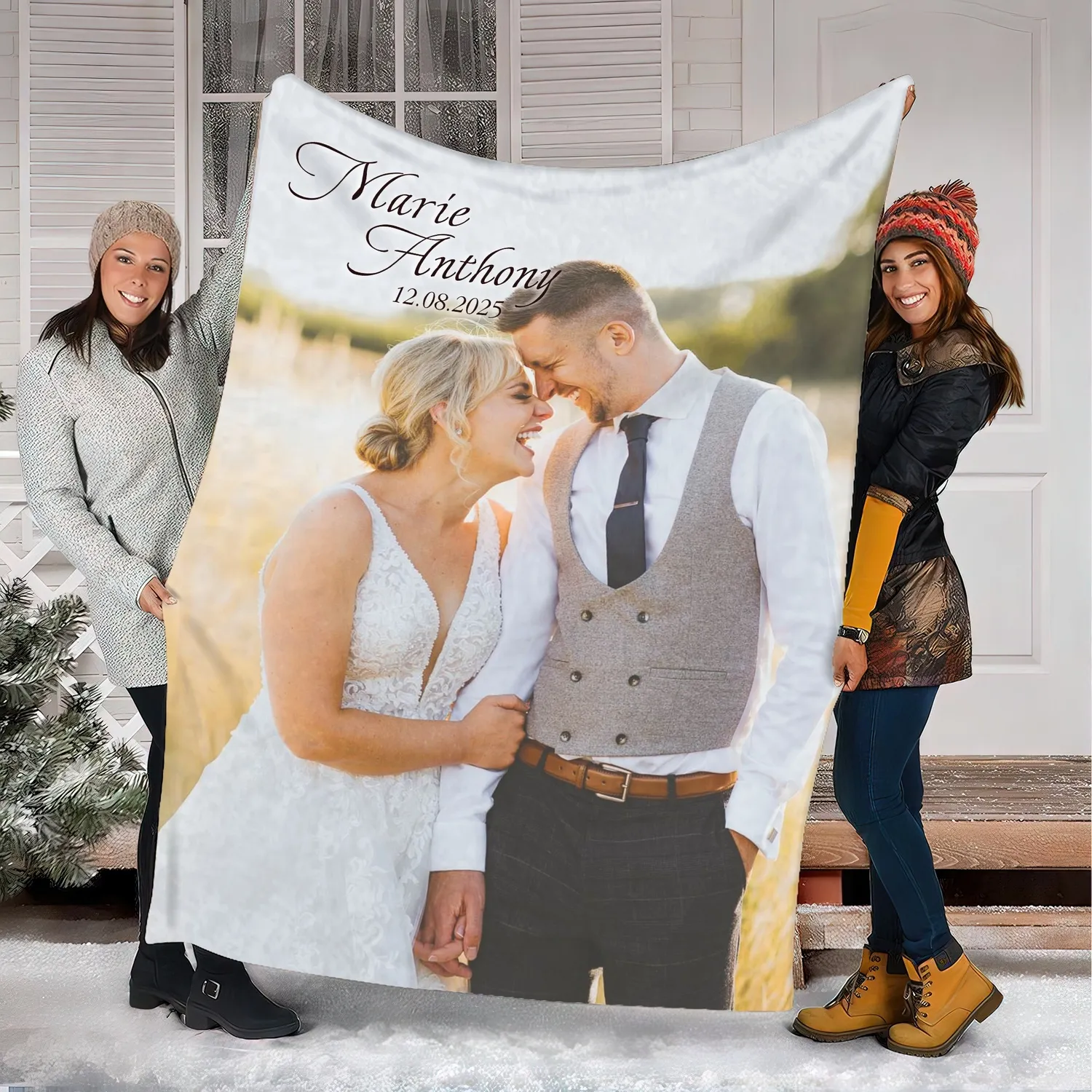 Personalized Couple Photo Blanket – Custom Names & Wedding Date, Full Photo Anniversary Keepsake Gift - 1