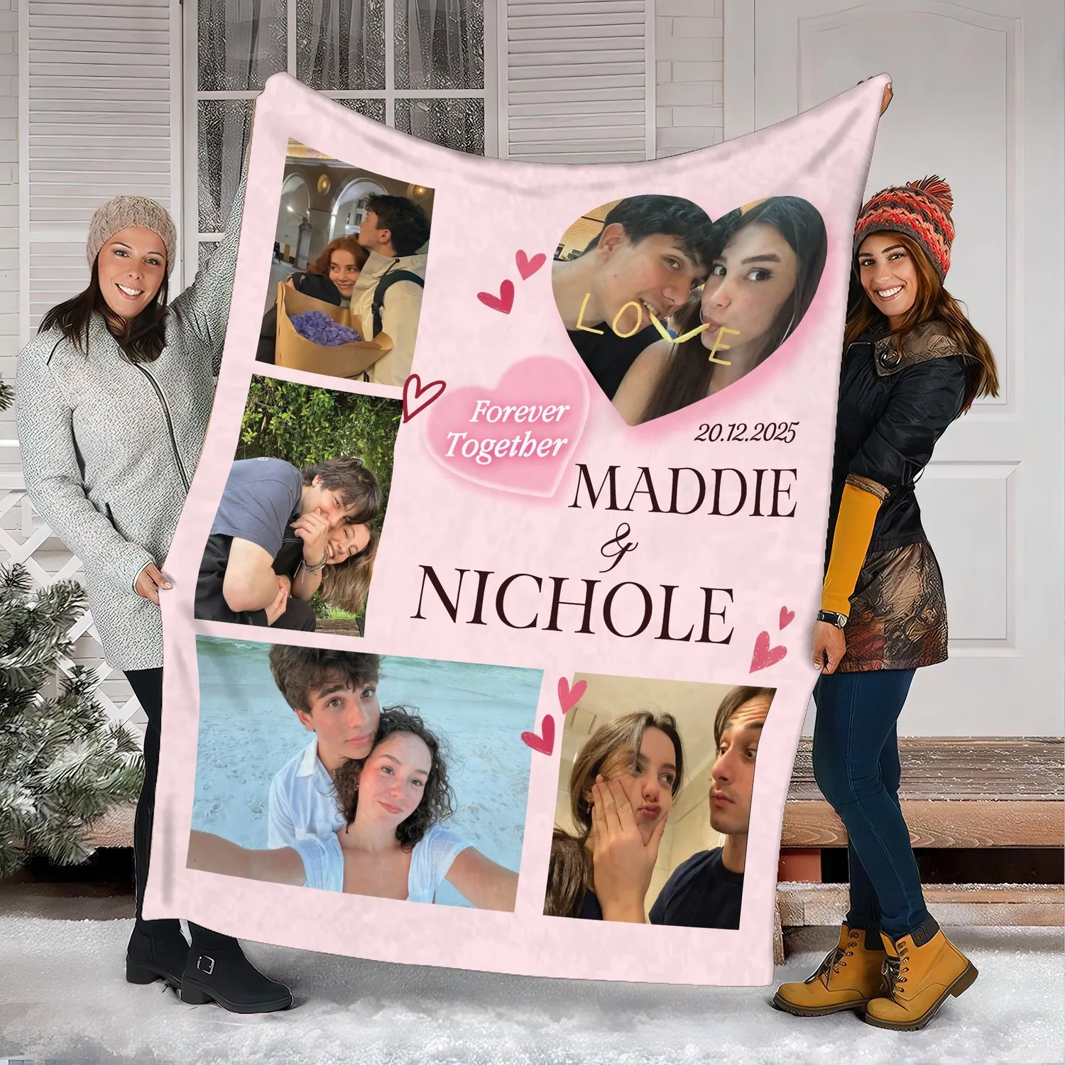 Personalized Photo Collage Blanket – Custom 5 or 7 Pictures, Names & Date, 5 Colors, Couple Anniversary Valentine Gift - 1