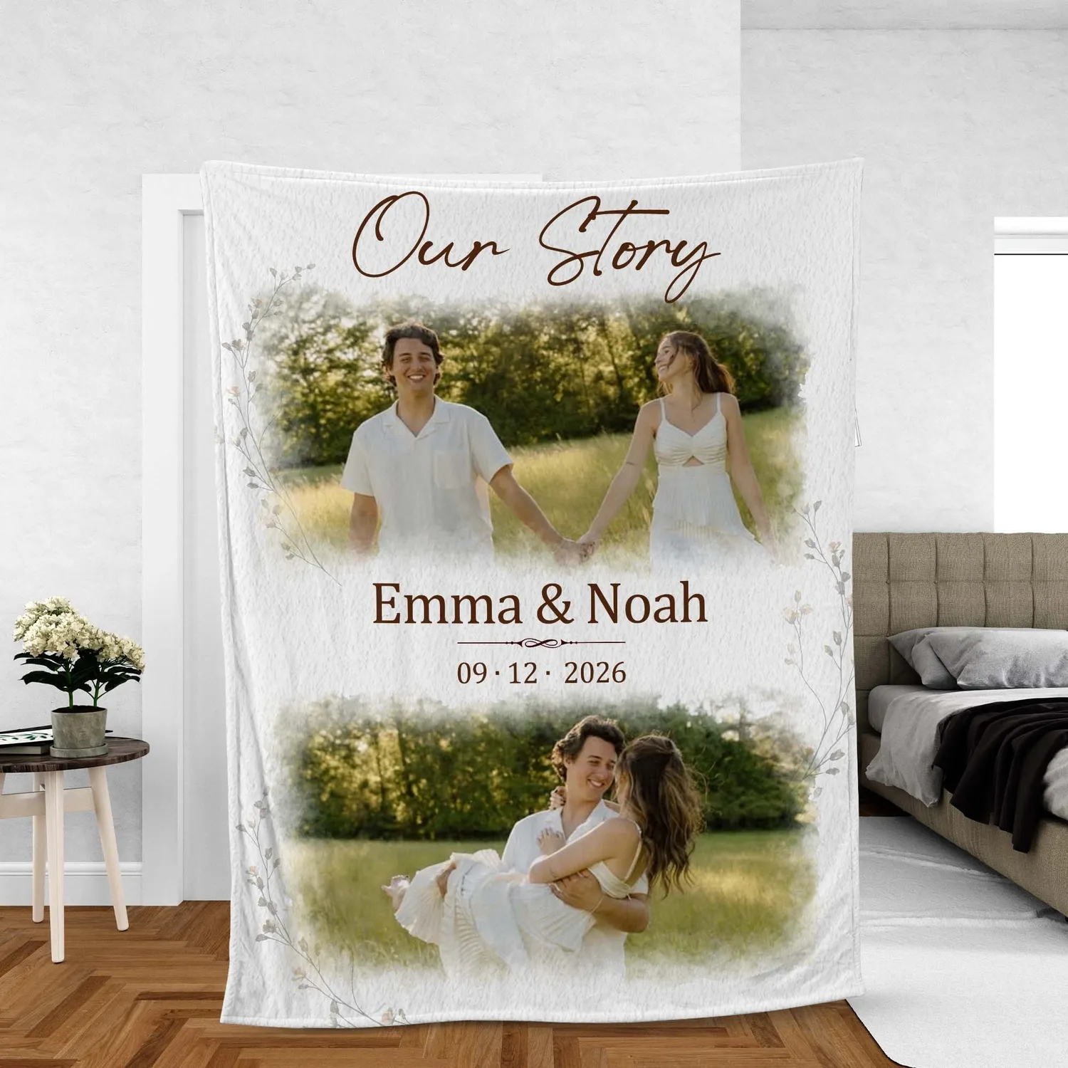 Personalized Wedding Date Photo Blanket – Custom 2 Picture Couple Throw with Names, First Anniversary Christmas Gift - 1