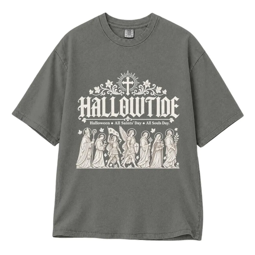 Catholic Hallowtide Shirt, All Saints Shirt with Saint Procession for Halloween and All Souls Day, Vintage Fall Style - 1