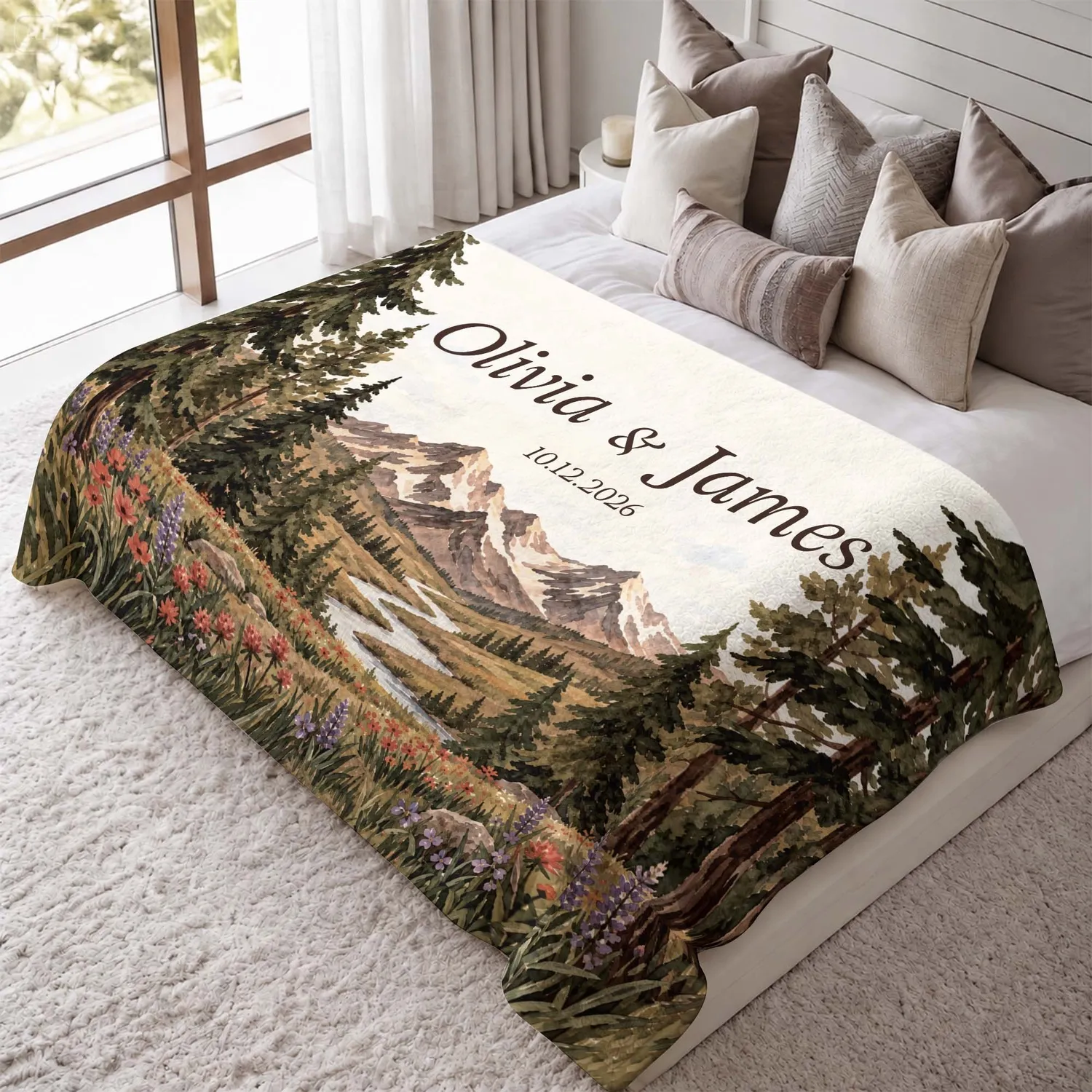 Personalized National Park Blanket – Custom Couple Names & Date, Mountain Forest Wildflower Wedding Anniversary Gift - 1