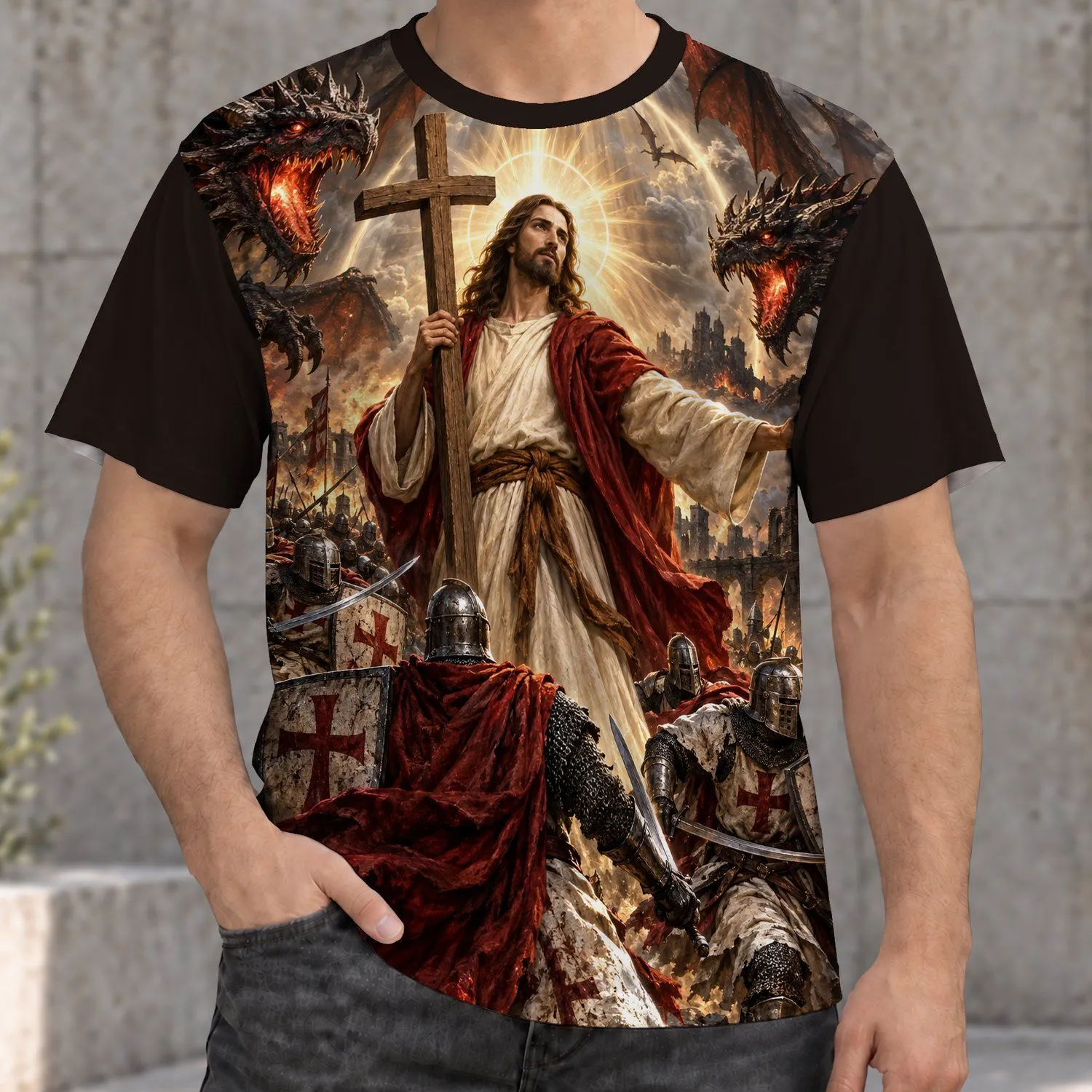 Biblical Savior, Crusader Knights and Dragons for Faith, Courage and Devotion All-over Print Unisex T-shirt - 1