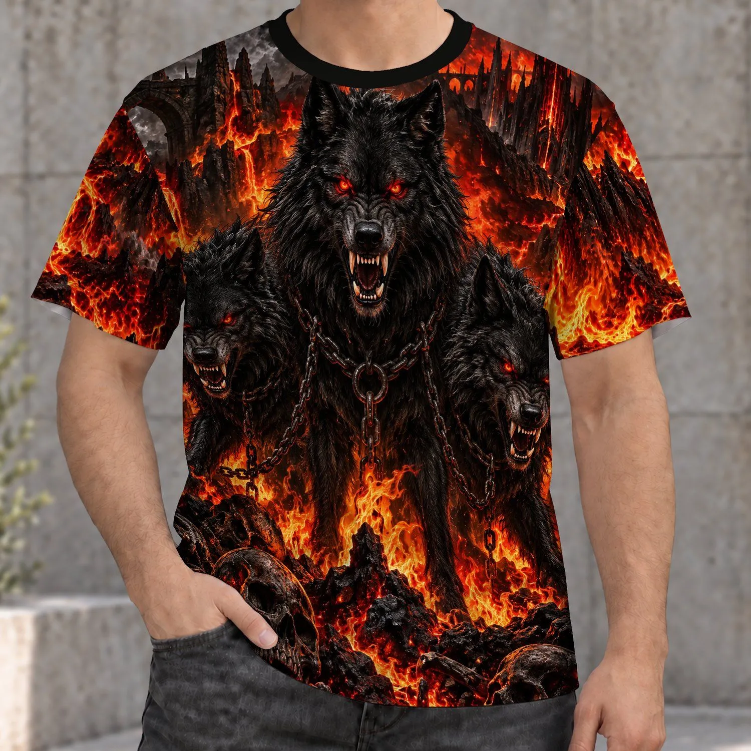 Hellfire Three-Wolf Scene for Halloween Hiking and Hunting Outdoor Enthusiasts All-over Print Unisex T-shirt - 1