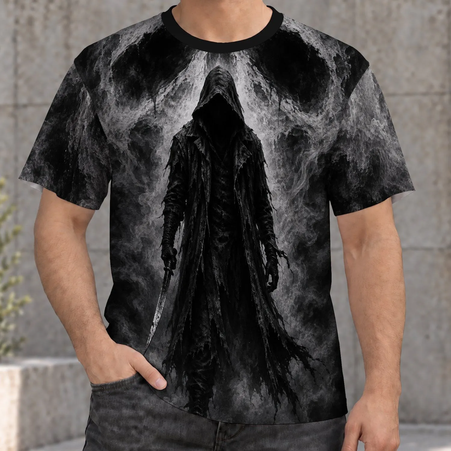 Monochrome Hooded Horror Figure for Halloween Parties and Dark Streetwear Fans All-over Print Unisex T-shirt - 1