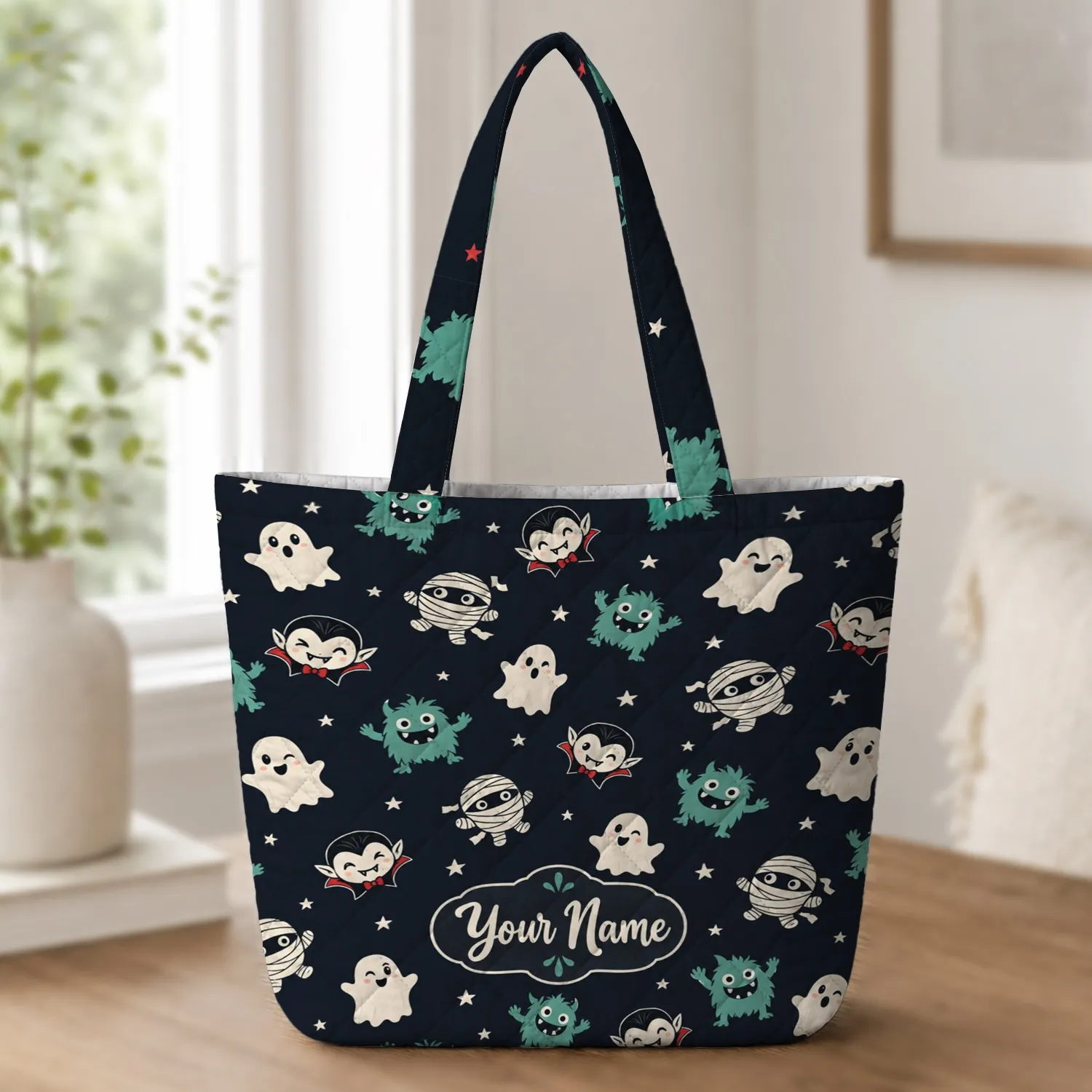 Cute Monster Halloween Treats for Spooky Season Outings and Everyday Gifts for Kids Quilted Tote Bag - 1