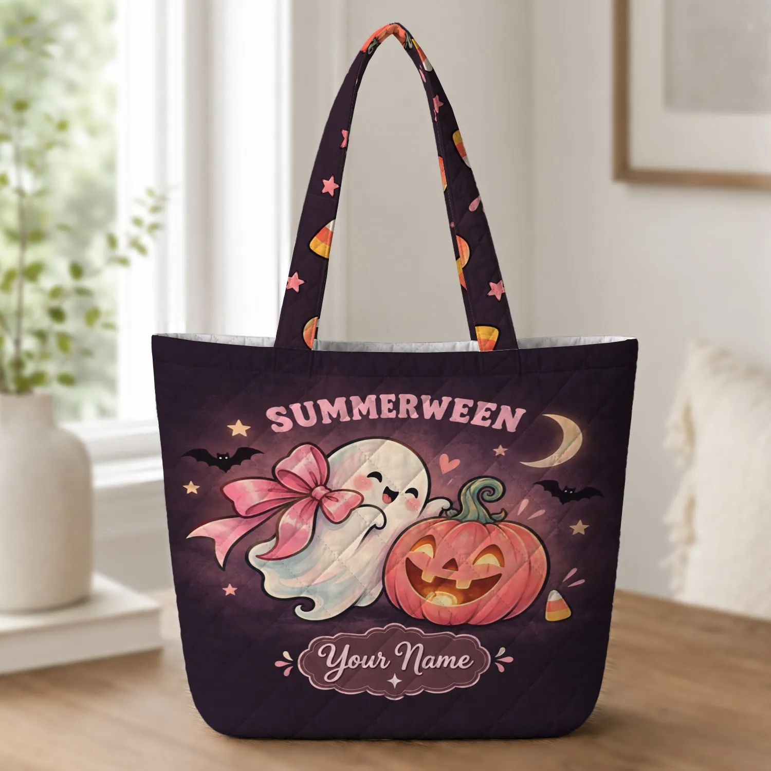 Pink Ghost and Pumpkin Summerween Picnic Gift for Spooky Summer Beach Celebrations Quilted Tote Bag - 1