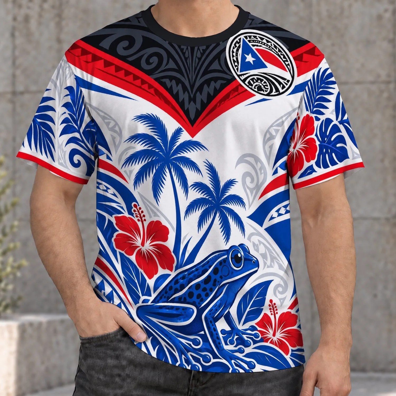 Puerto Rico Flag, Frog and Palm Trees for Caribbean Island Pride and Outdoor Wear All-over Print Unisex T-shirt - 1