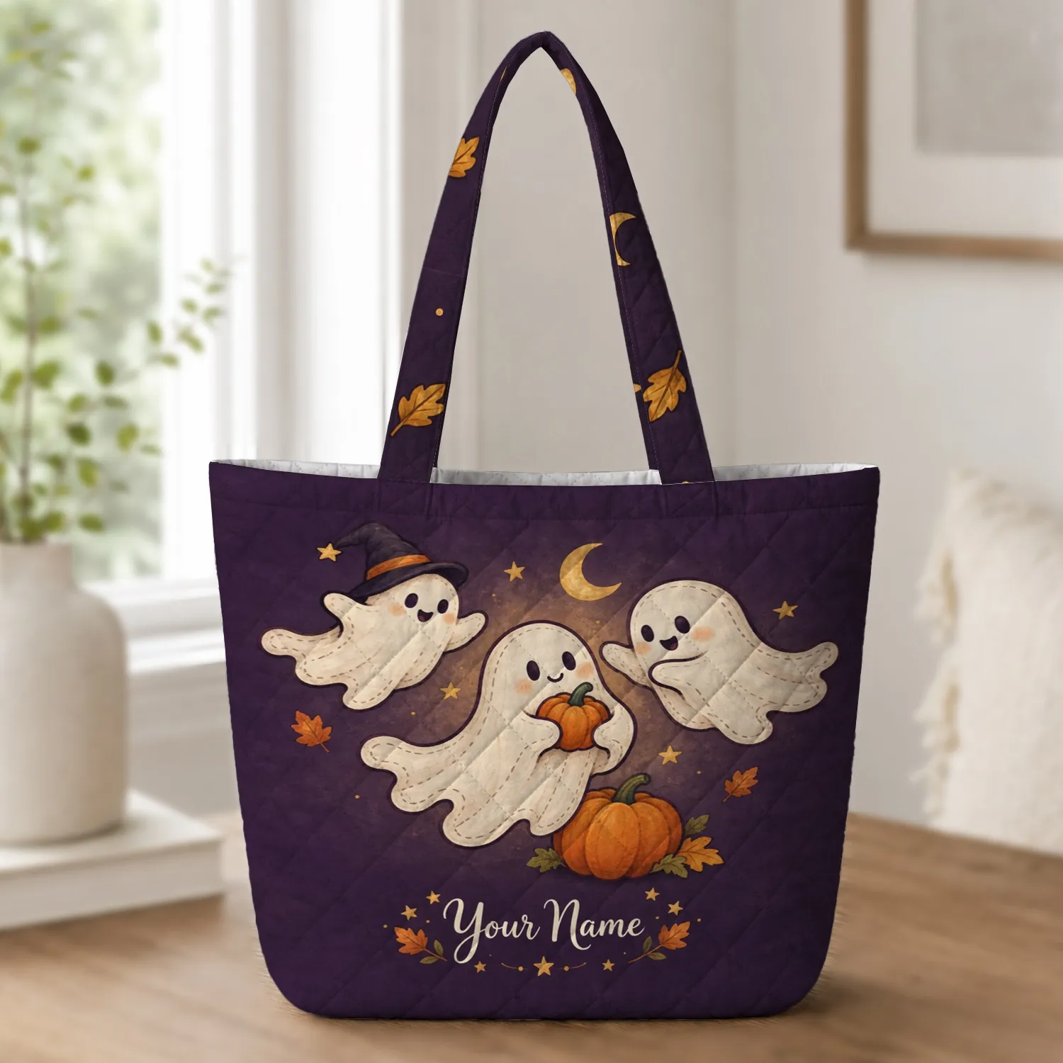 Ghosts and Pumpkins for Halloween Trick-or-Treating, Fall Festivals and Cozy Autumn Days Quilted Tote Bag - 1
