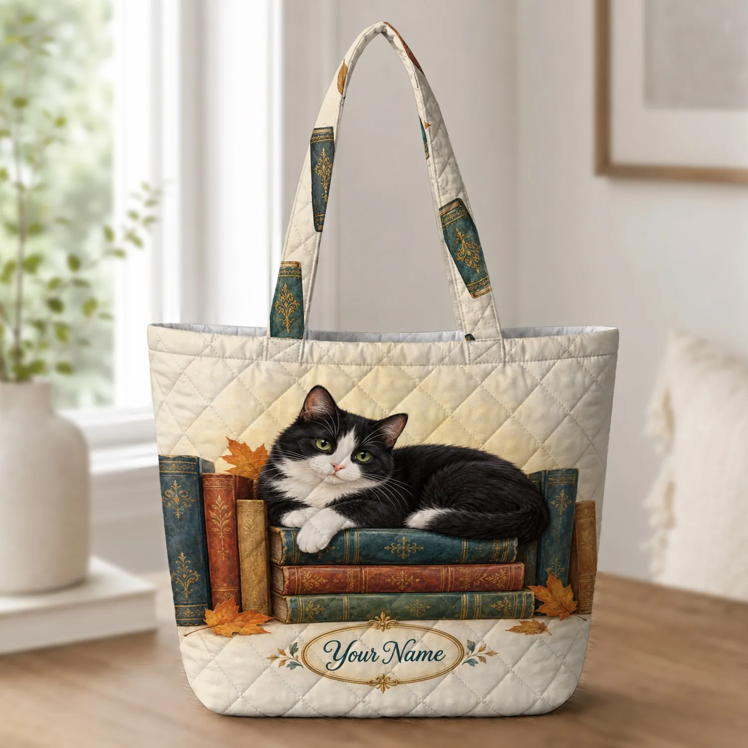 Black And White Cat Curled Among Vintage Books For Cozy Library Readers And Book Lovers Quilted Tote Bag - 1