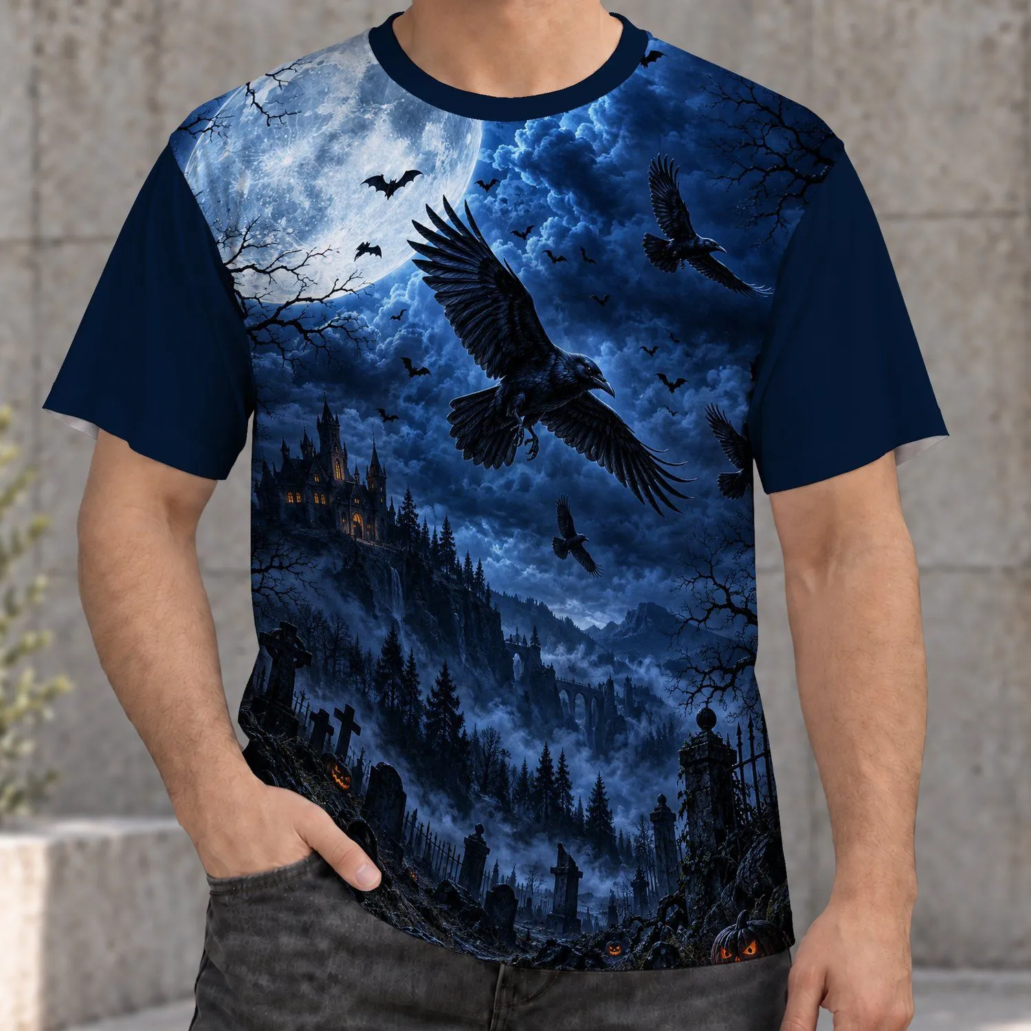 Moonlit Raven And Haunted Manor For Halloween Night And Gothic Autumn Style All-over Print Unisex T-shirt - 1
