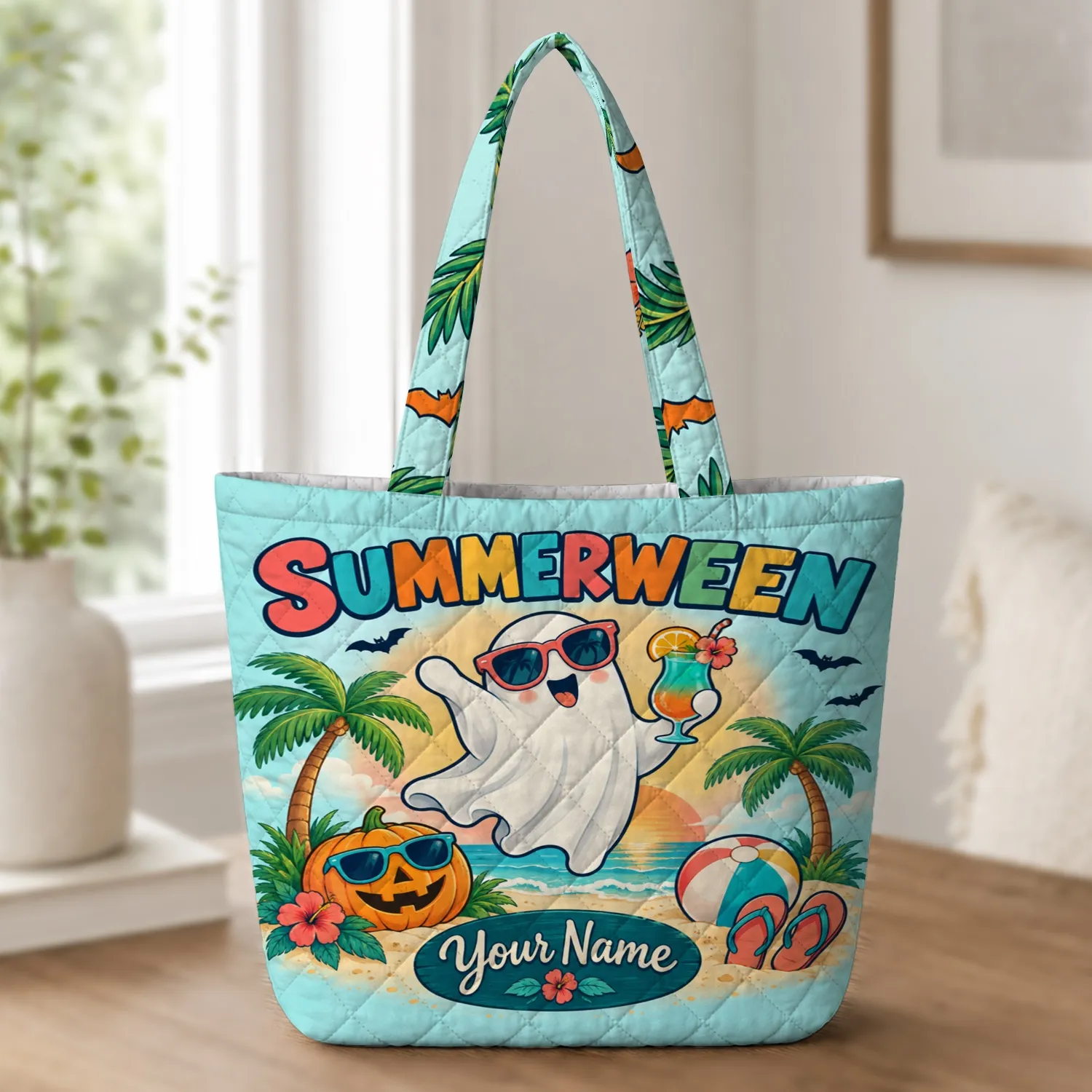 Tropical Ghost With Palm Trees for Summerween Beach Days and Spooky Season Fun Quilted Tote Bag - 1