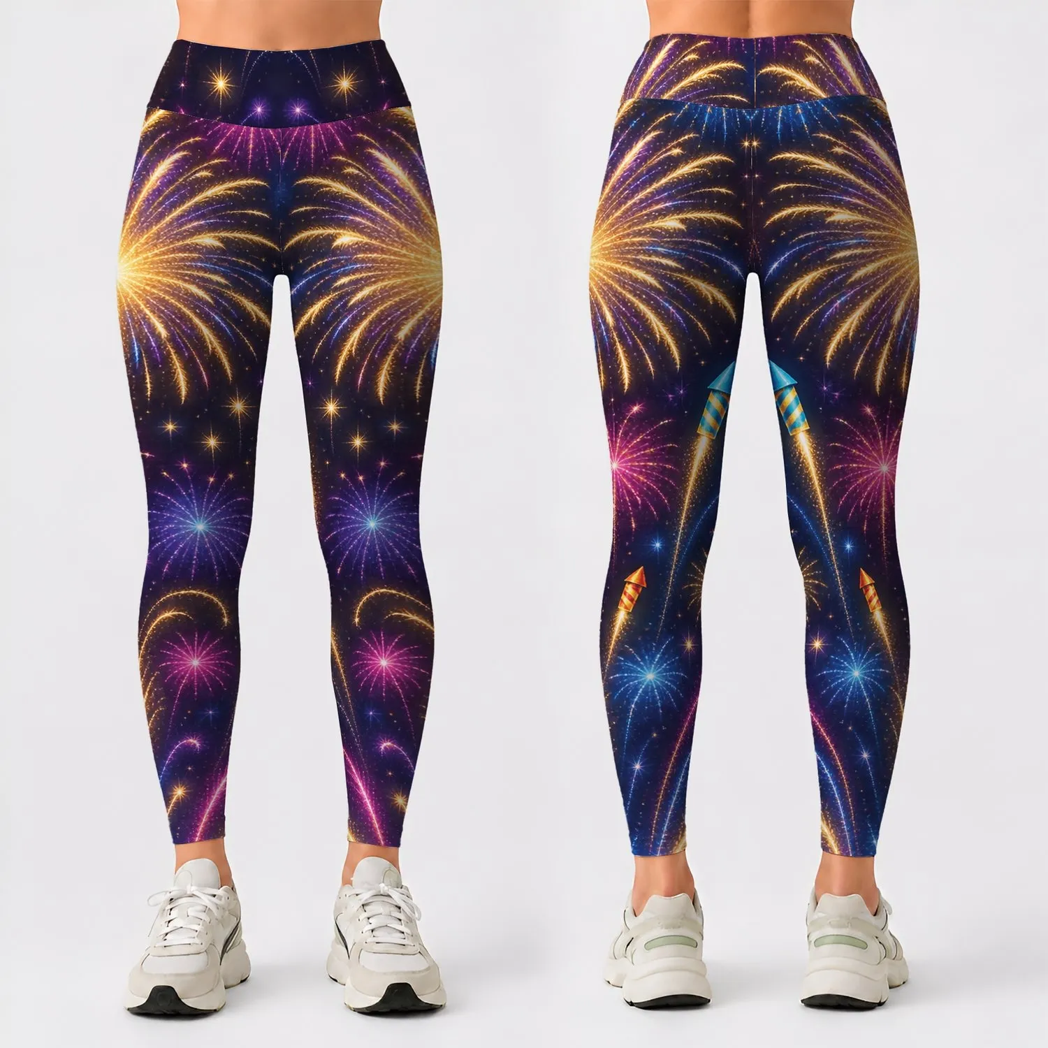 Neon Fireworks and Colorful Rockets for New Year Celebrations and Festive Nights Leggings - 1